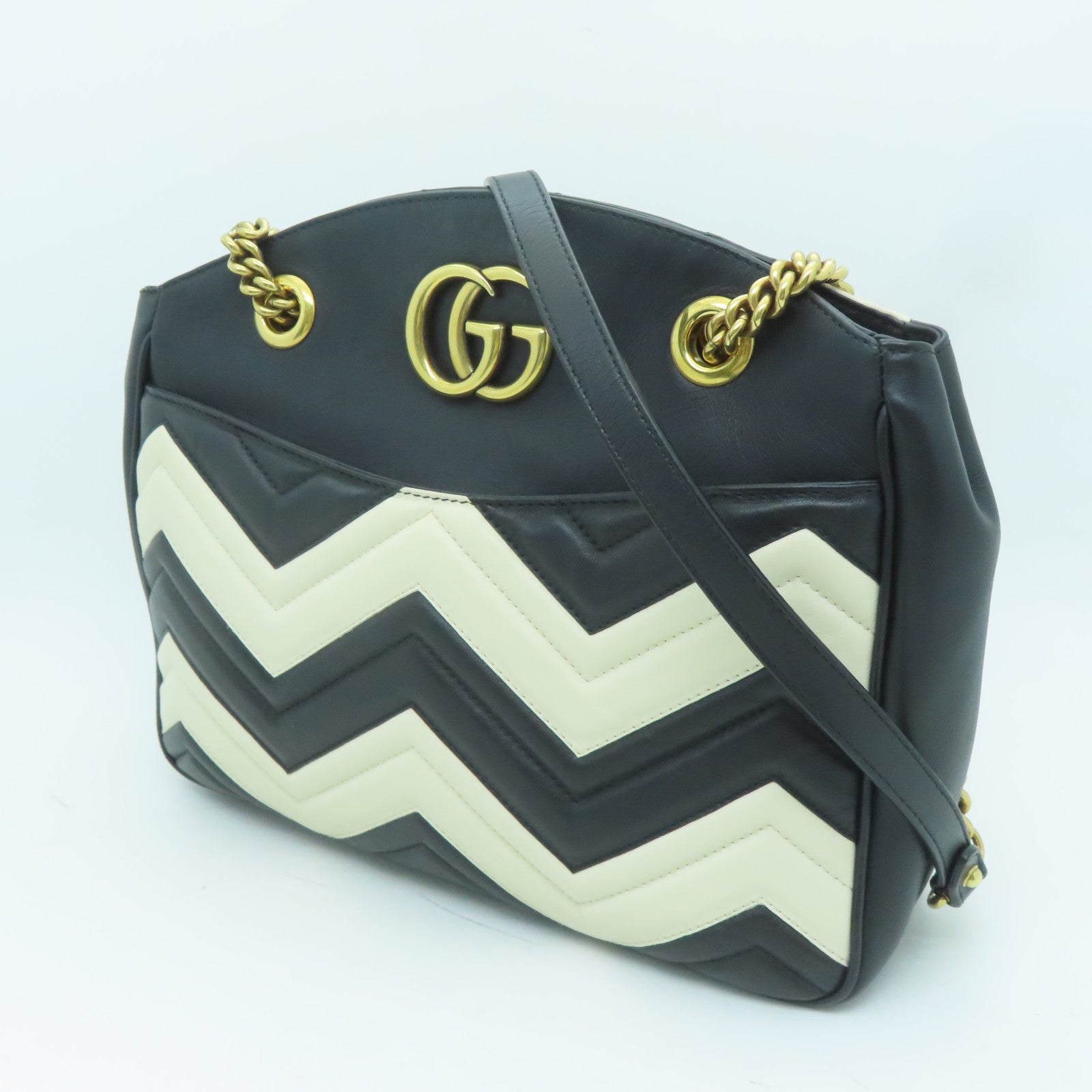 GUCCI 牛皮皮革GG Marmont金扣肩背袋黑色/白色