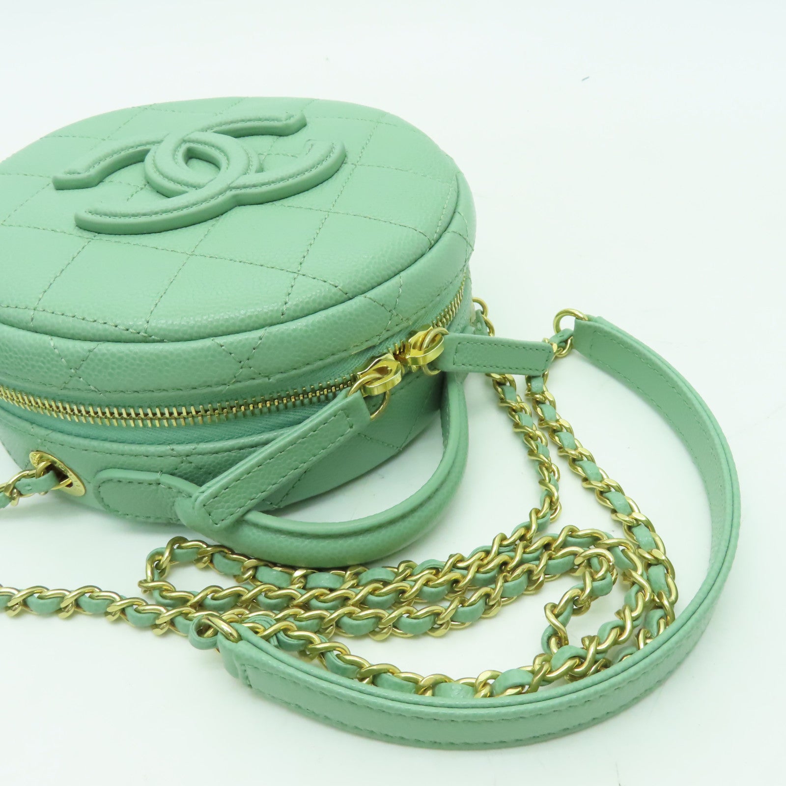 CHANEL 菱格Caviar皮革Small Vanity Case金扣手挽肩背兩用袋淺綠色
