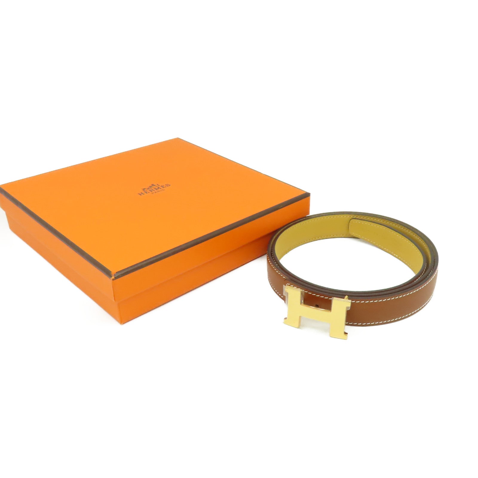 HERMES Swift皮革Belt金扣皮帶啡色/黃色