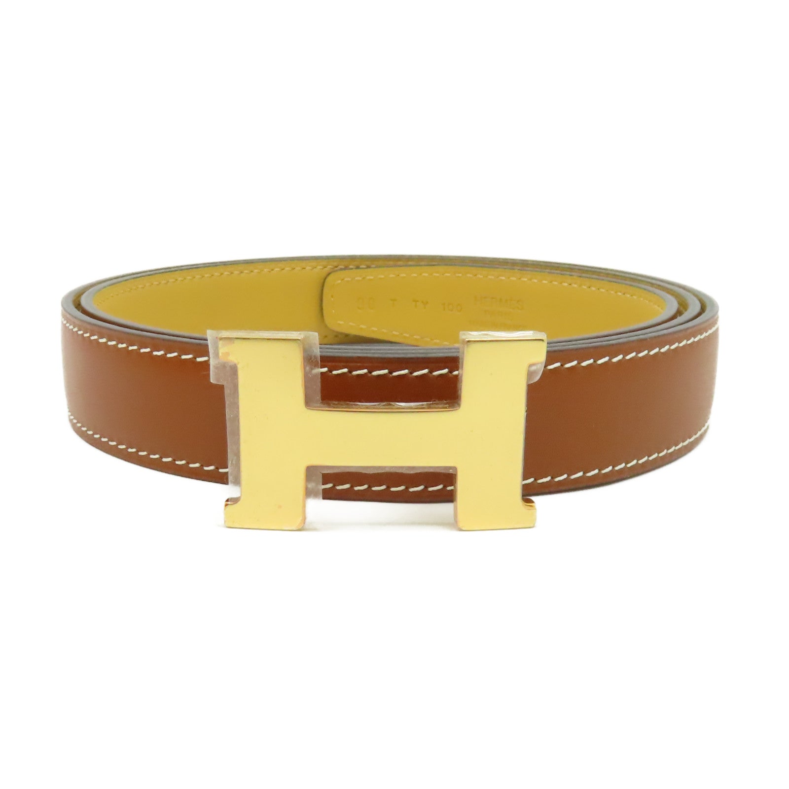 HERMES Swift皮革Belt金扣皮帶啡色/黃色