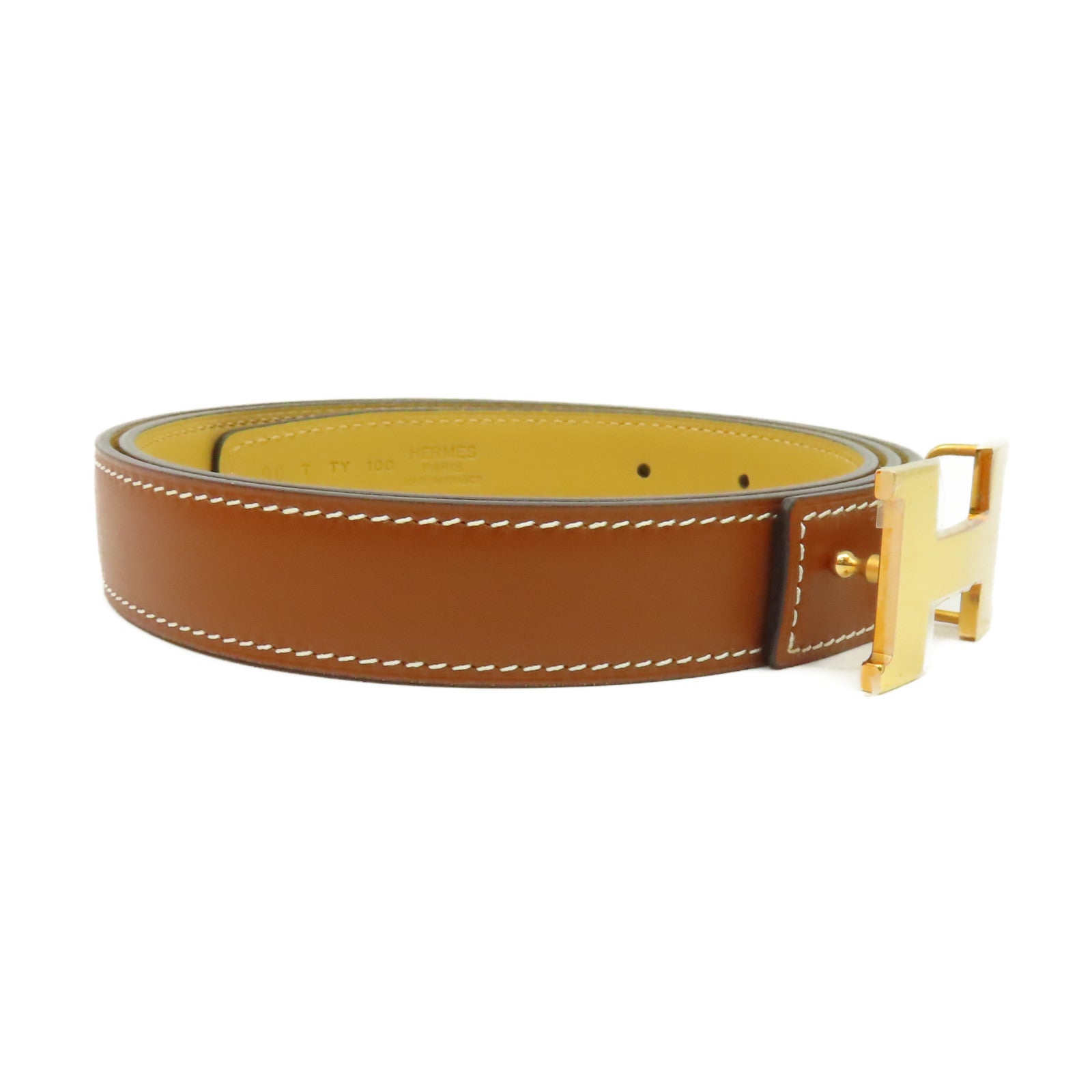 HERMES Swift皮革Belt金扣皮帶啡色/黃色