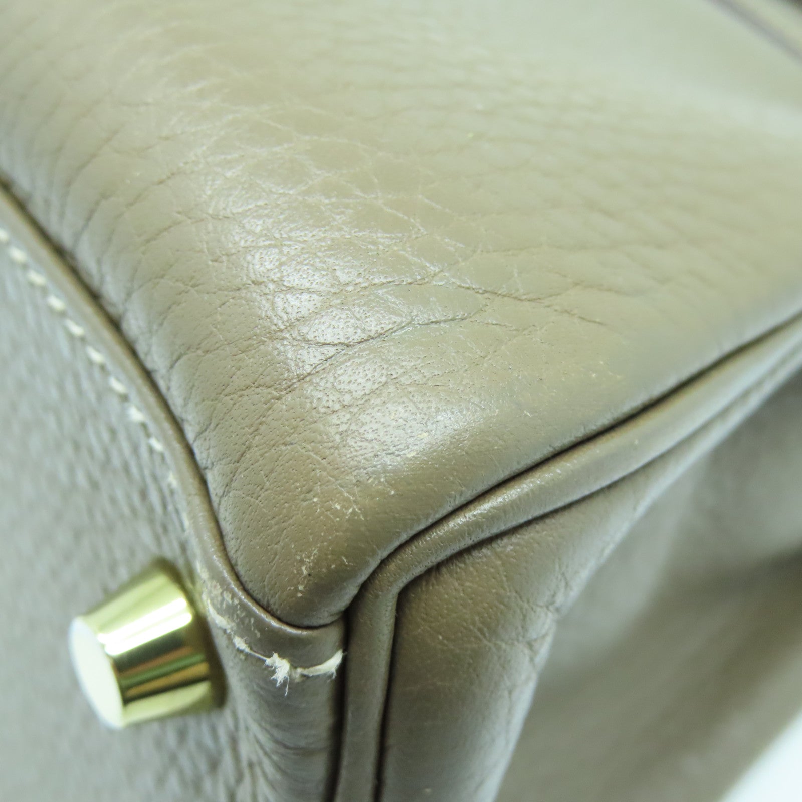 HERMES Clemence Leather Kelly 28 Gold Buckle Handle Bag Elephant Gray
