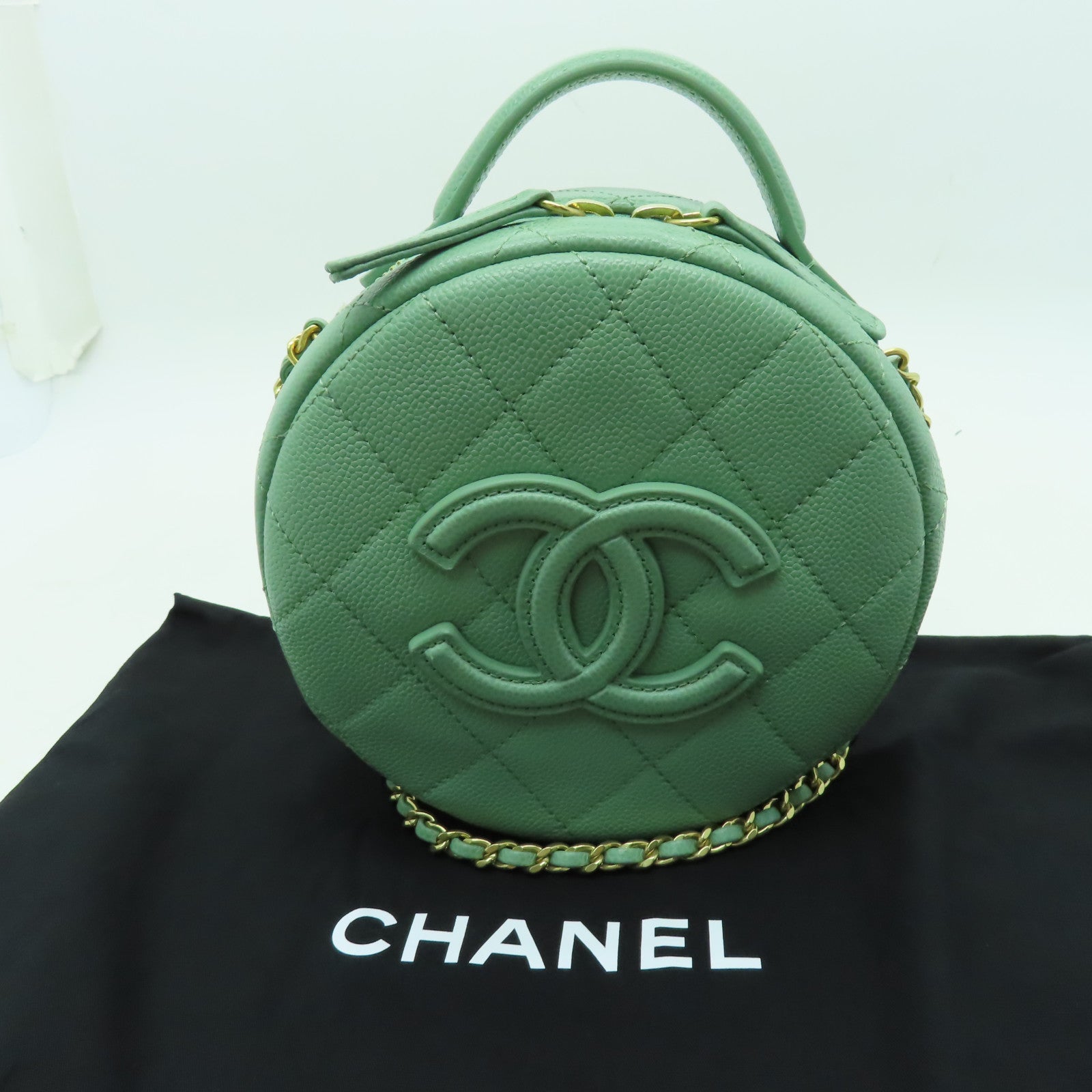 CHANEL 菱格Caviar皮革Small Vanity Case金扣手挽肩背兩用袋淺綠色