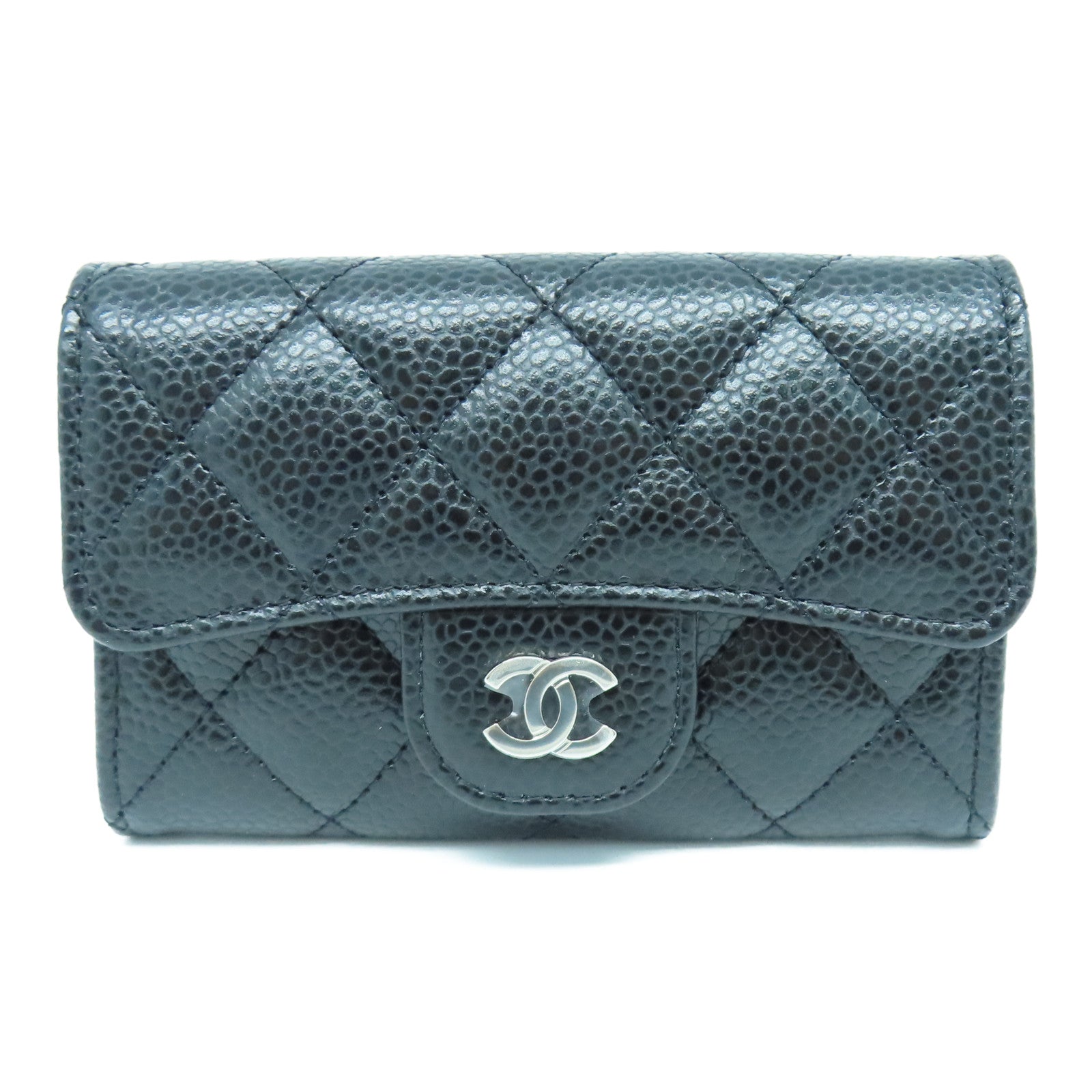 CHANEL rhombic cowhide leather Card Case silver buckle card holder black