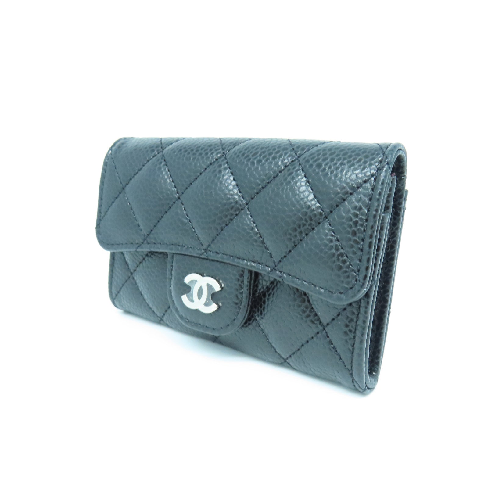CHANEL rhombic cowhide leather Card Case silver buckle card holder black