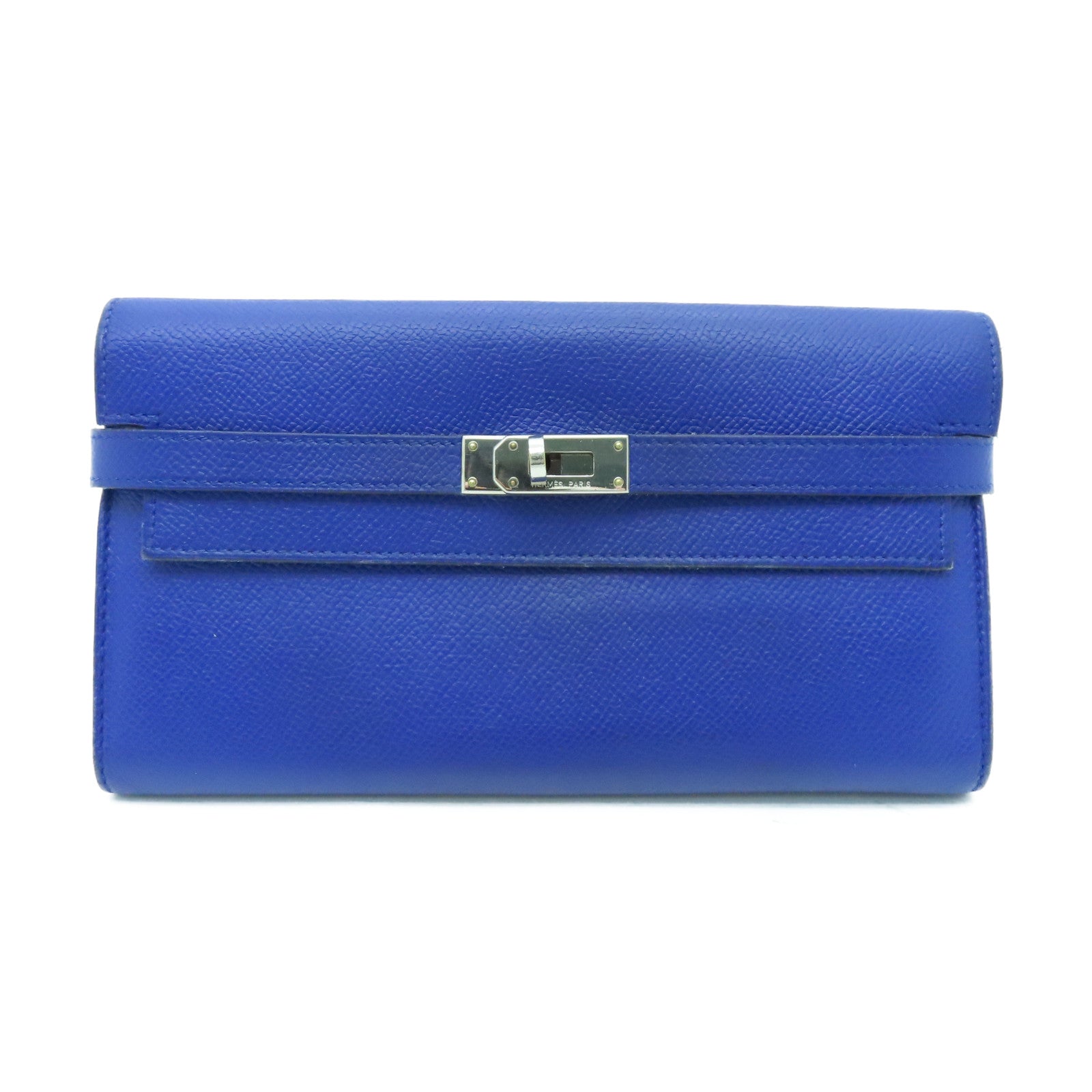 HERMES Epsom Leather Kelly Wallet Silver Buckle Long Wallet Electric Blue