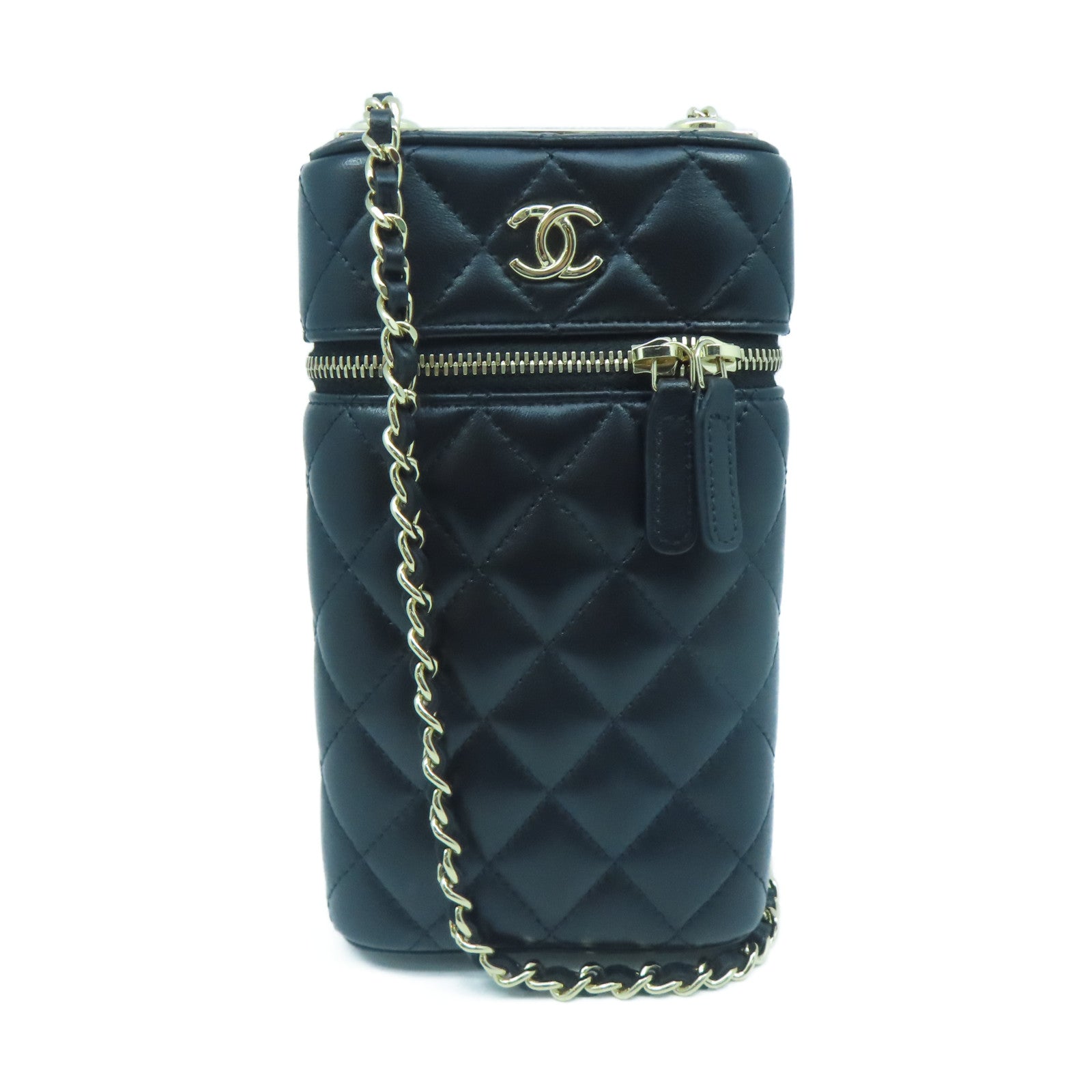 CHANEL 菱格羊皮皮革Chain Shoulder Bag金扣鏈帶肩背袋黑色