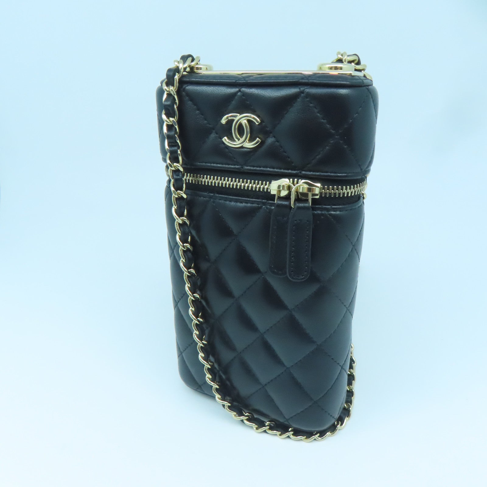 CHANEL 菱格羊皮皮革Chain Shoulder Bag金扣鏈帶肩背袋黑色