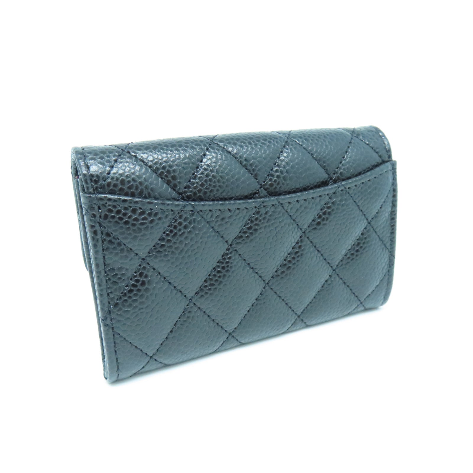 CHANEL rhombic cowhide leather Card Case silver buckle card holder black