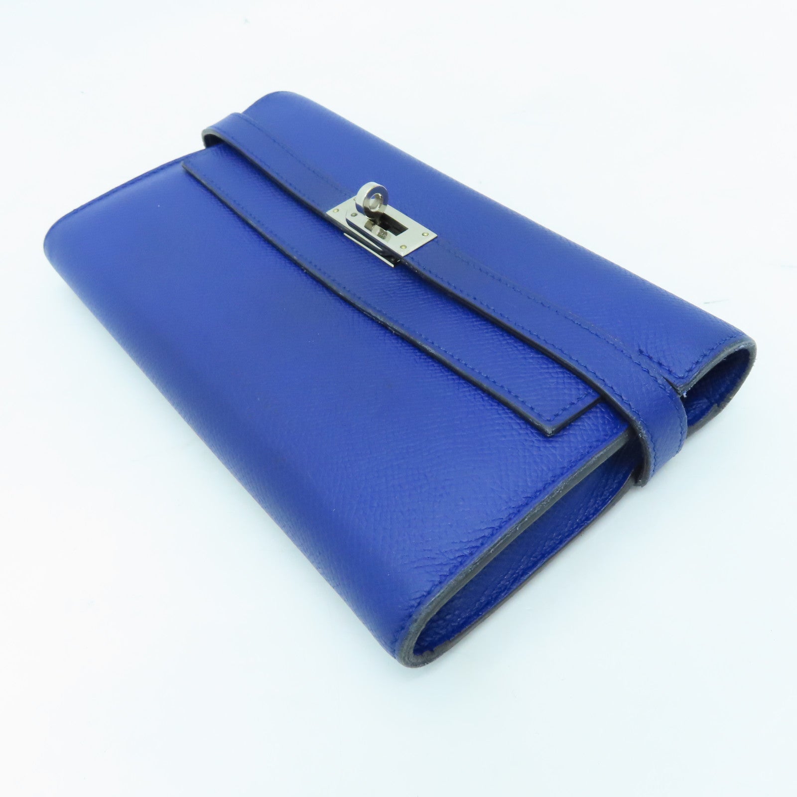 HERMES Epsom Leather Kelly Wallet Silver Buckle Long Wallet Electric Blue