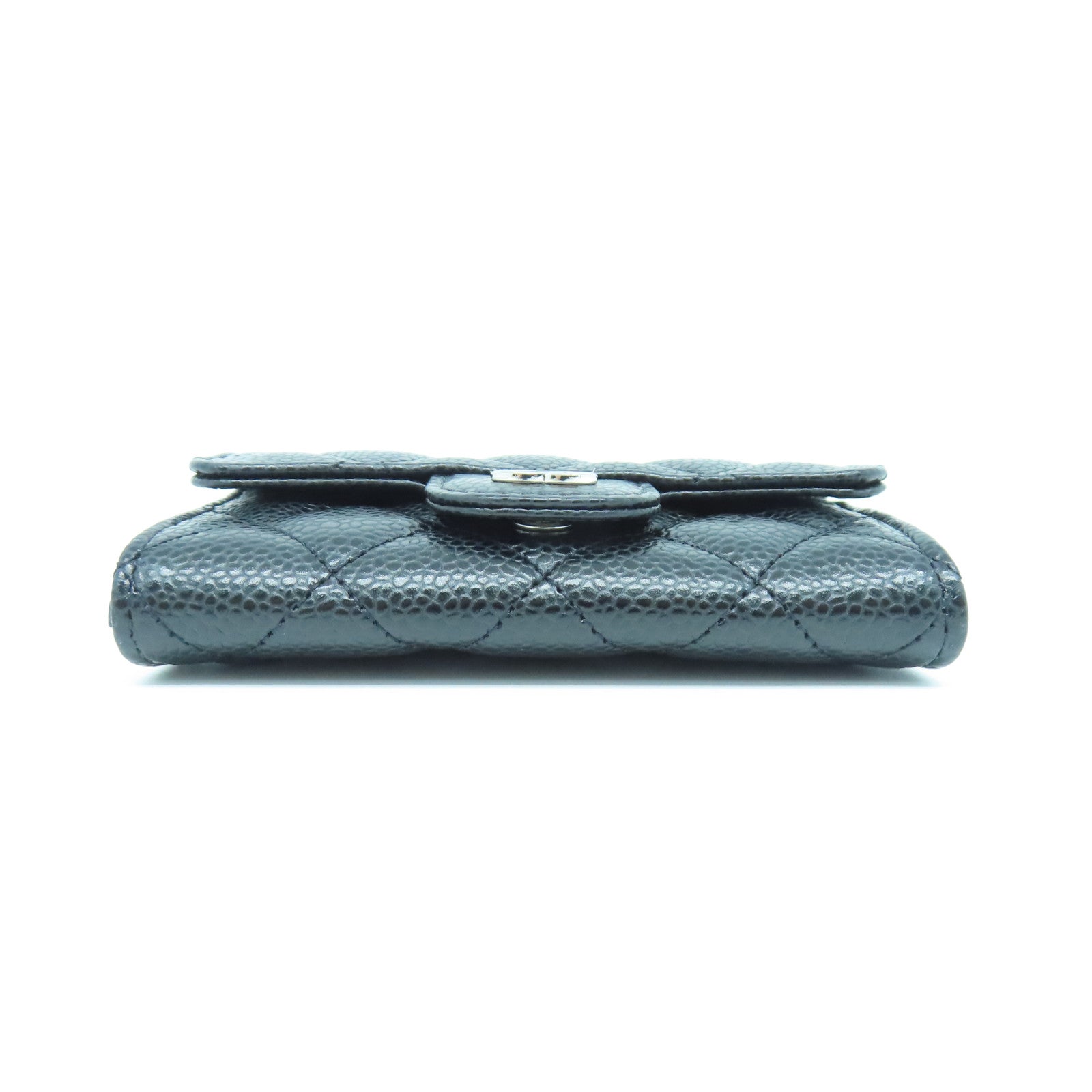 CHANEL rhombic cowhide leather Card Case silver buckle card holder black