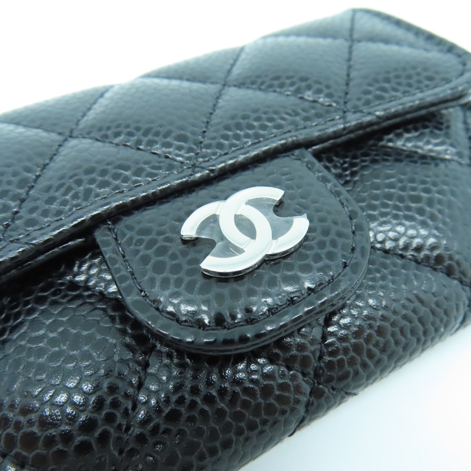 CHANEL rhombic cowhide leather Card Case silver buckle card holder black