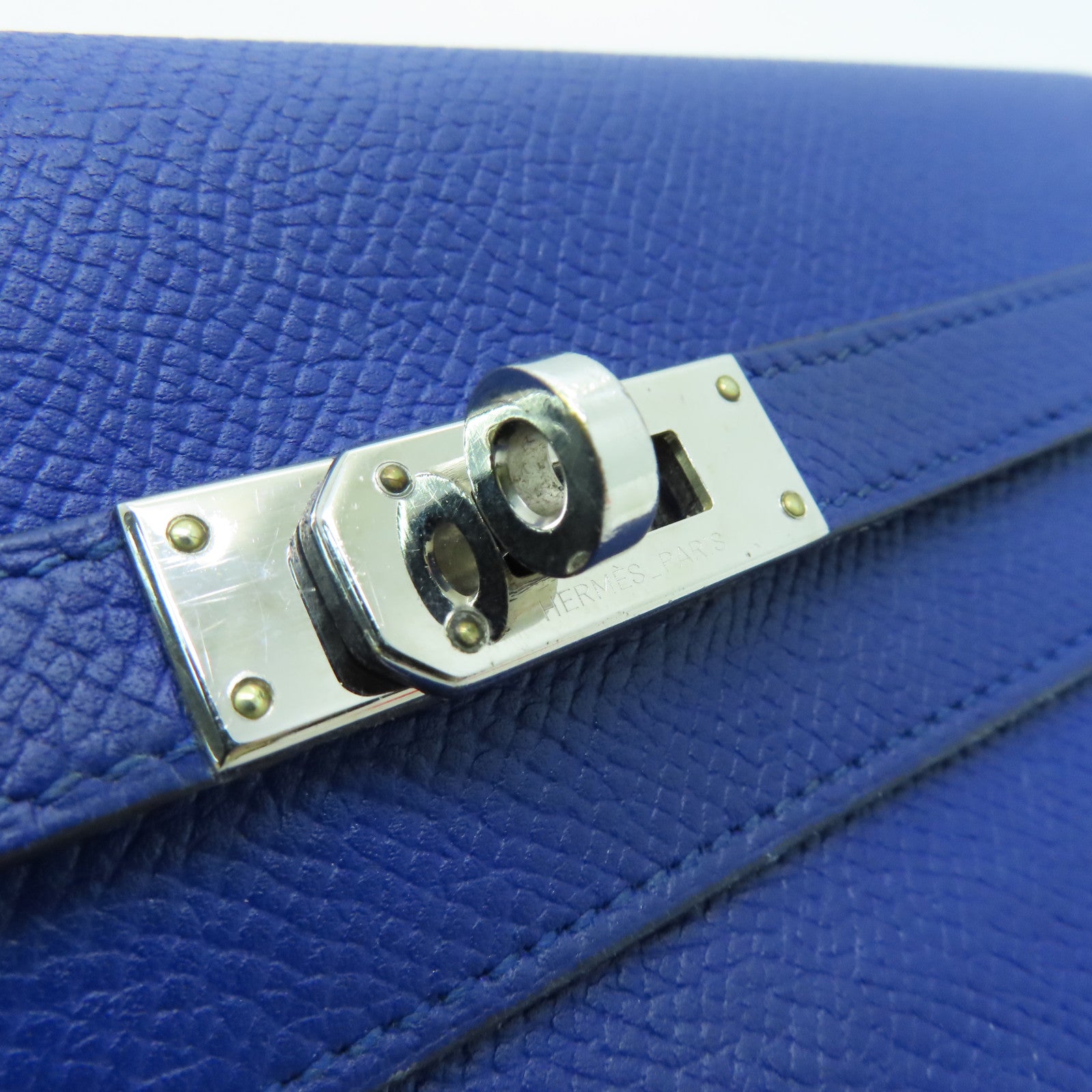 HERMES Epsom Leather Kelly Wallet Silver Buckle Long Wallet Electric Blue