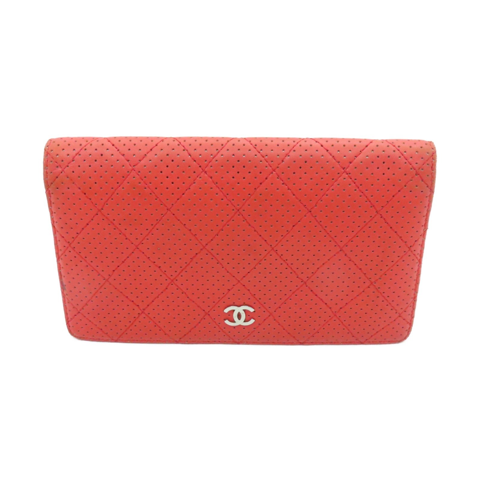 CHANEL 【激減優惠】菱格羊皮皮革Long Wallet銀扣長錢包紅色