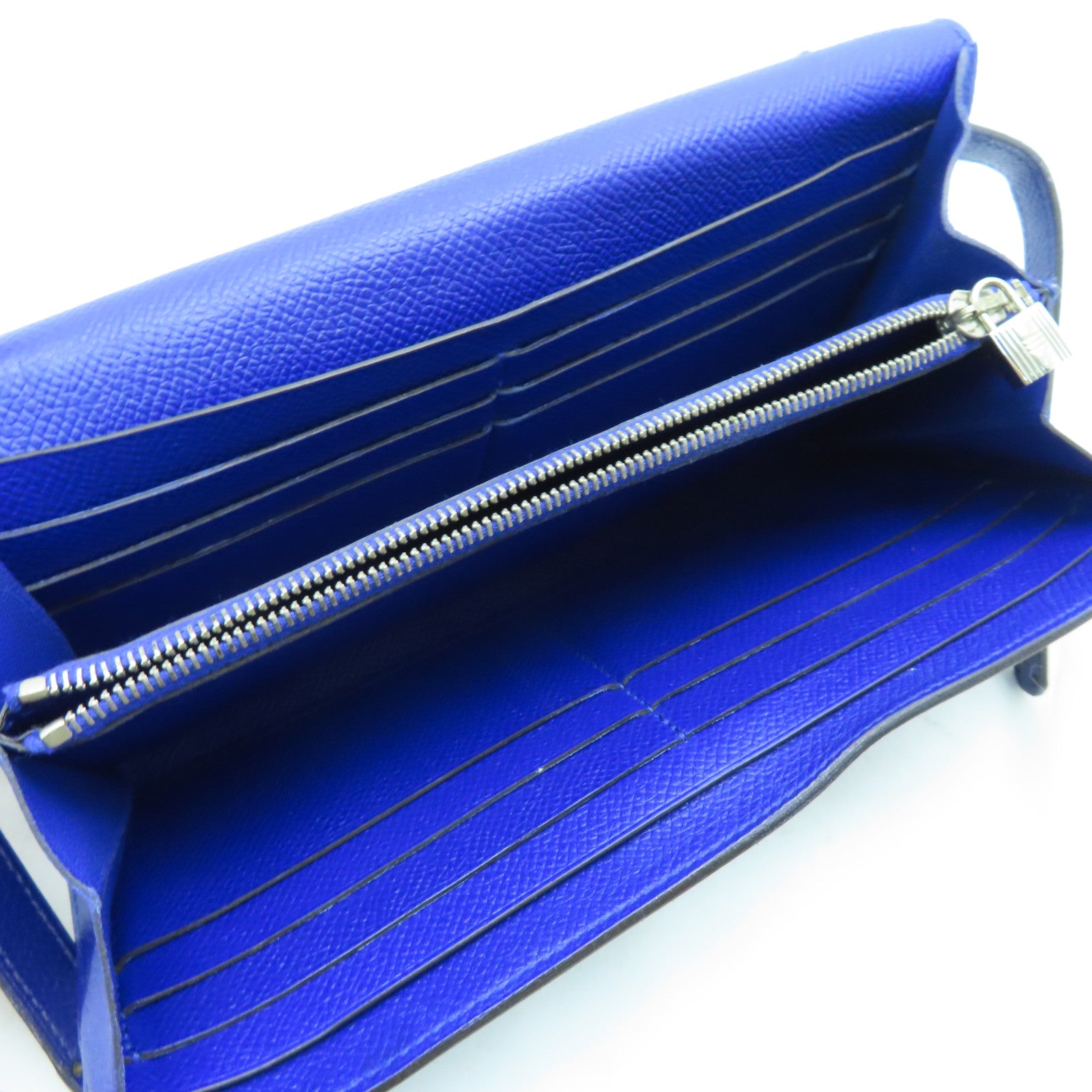 HERMES Epsom Leather Kelly Wallet Silver Buckle Long Wallet Electric Blue