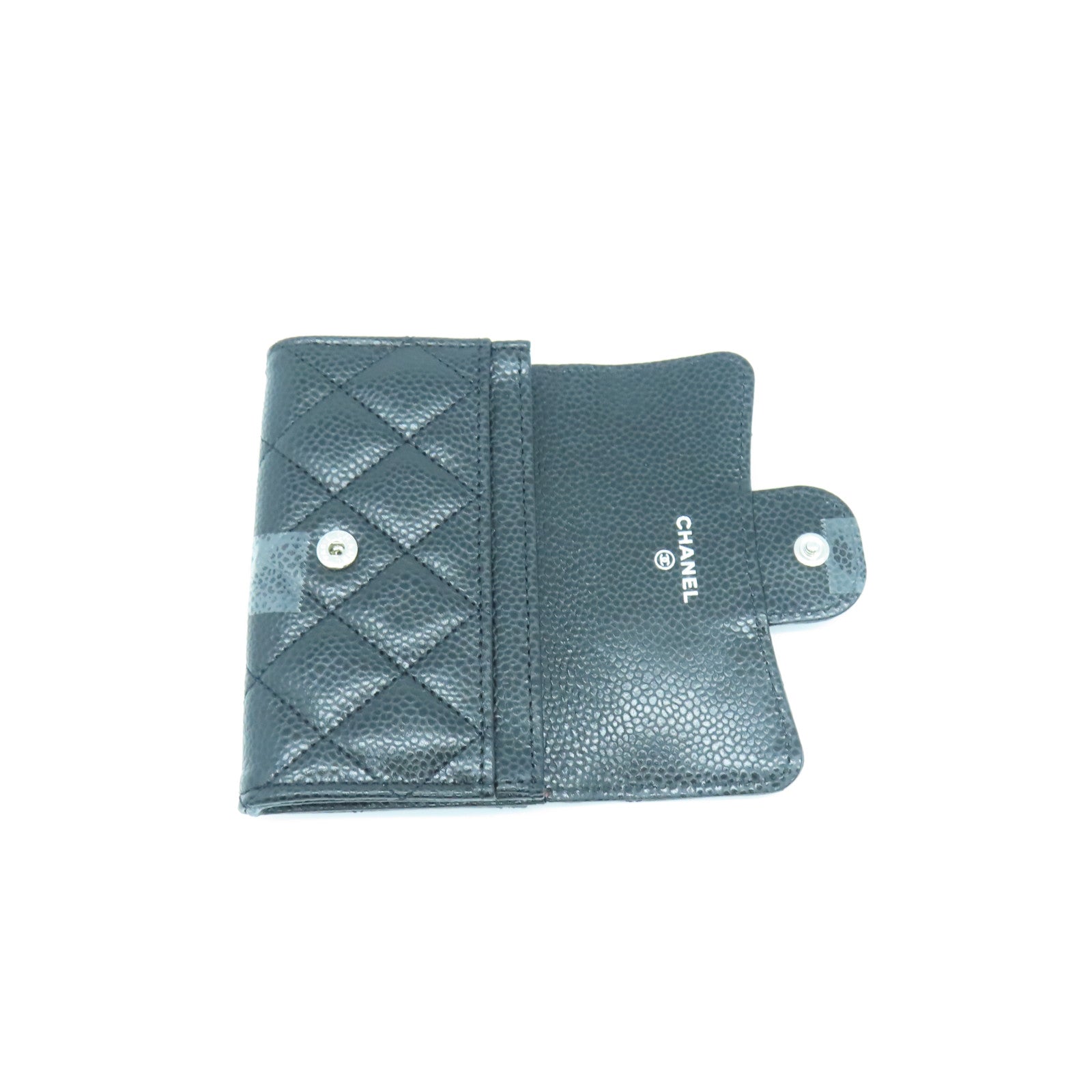 CHANEL rhombic cowhide leather Card Case silver buckle card holder black