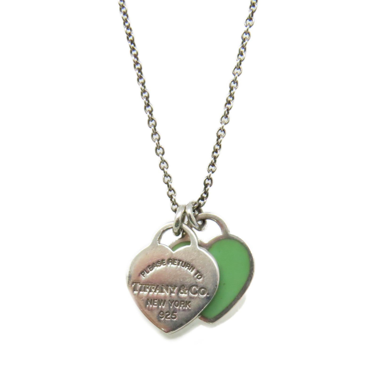 TIFFANY＆CO 925純銀Mini Double Heart Tag Silver Pendant Necklace項鍊湖綠色