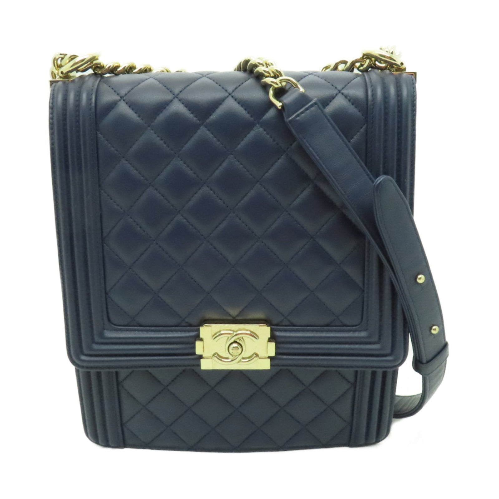 CHANEL 菱格羊皮皮革Chain Shoulder Bag金扣鏈帶肩背袋深藍色