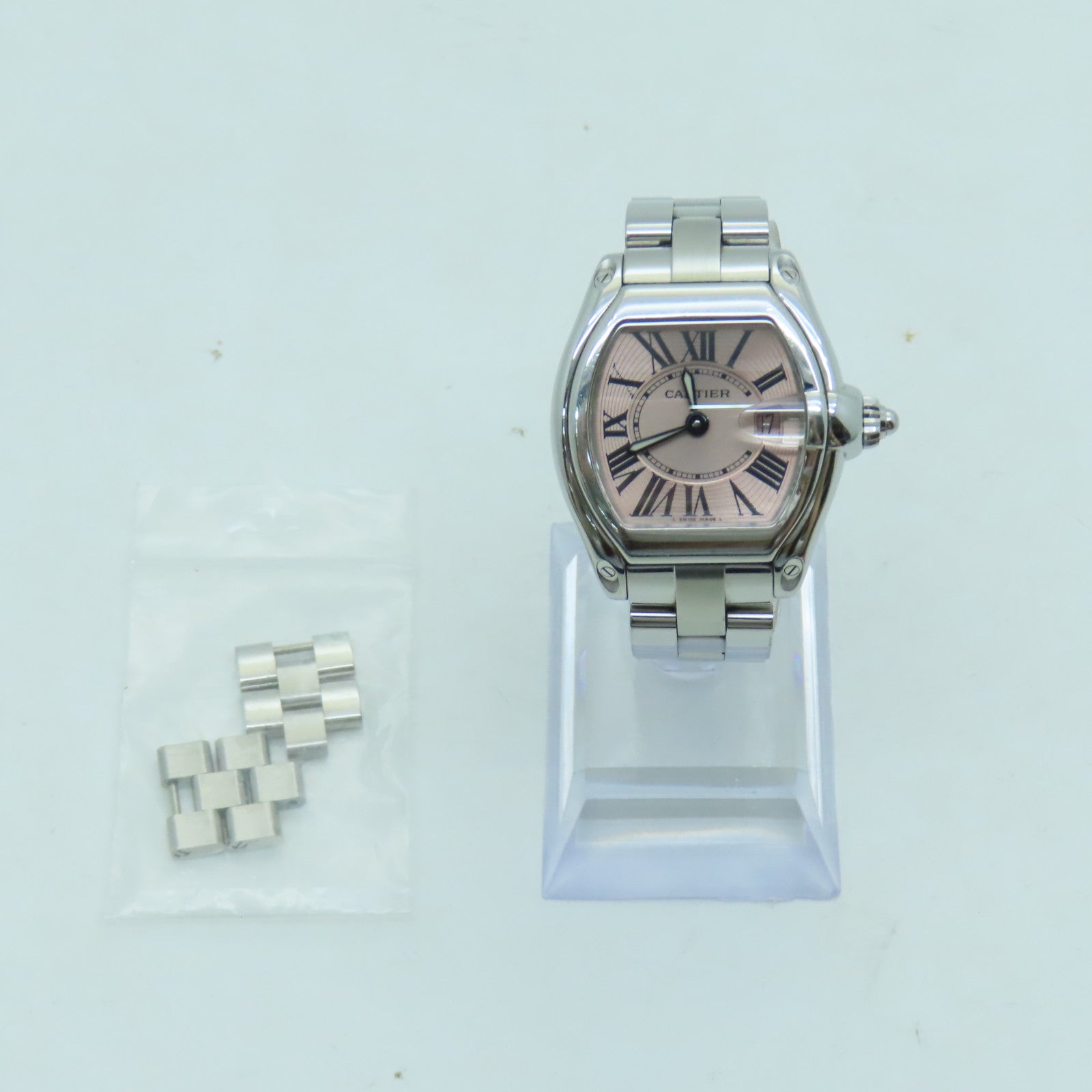 CARTIER Roadstar不鏽鋼石英錶芯銀色/粉紅色