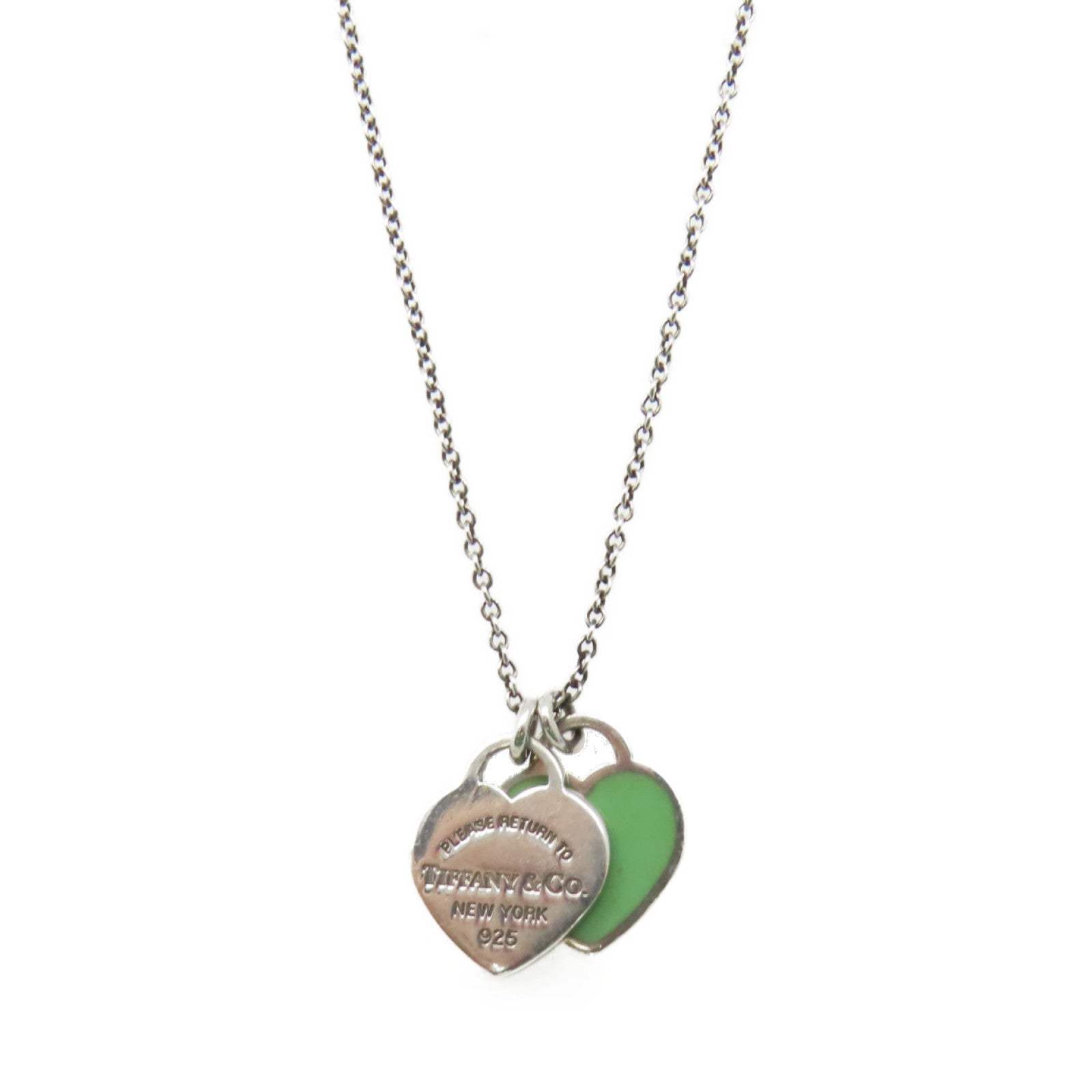 TIFFANY＆CO 925純銀Mini Double Heart Tag Silver Pendant Necklace項鍊湖綠色