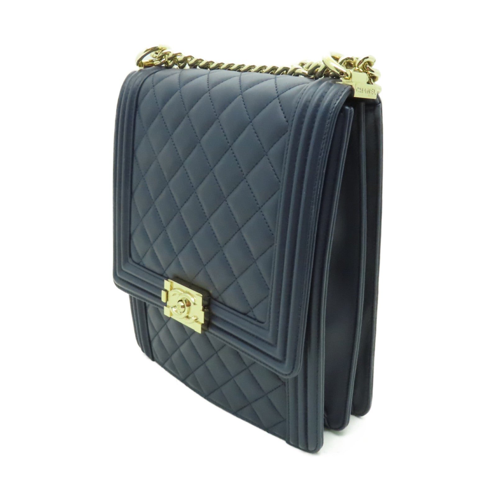CHANEL 菱格羊皮皮革Chain Shoulder Bag金扣鏈帶肩背袋深藍色