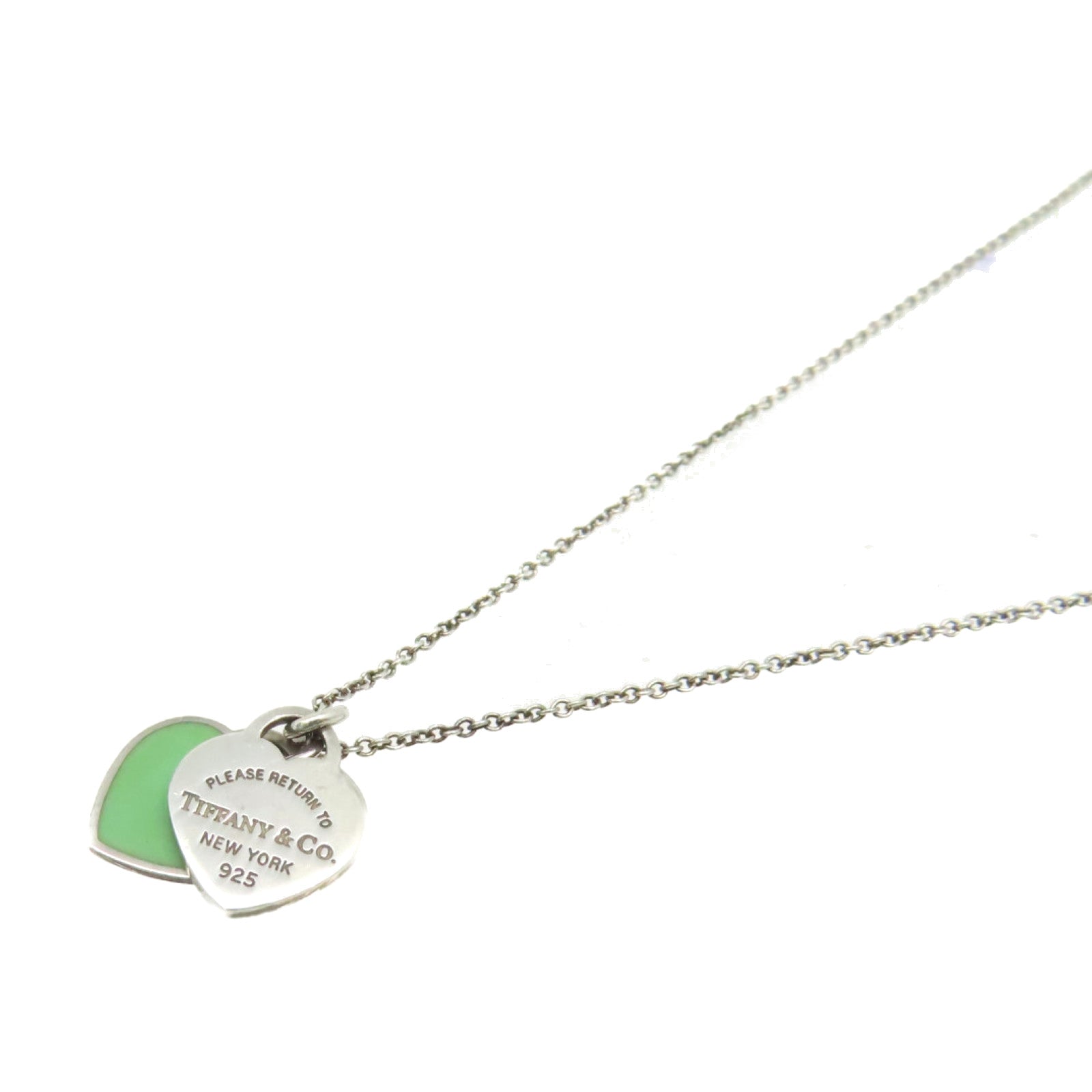TIFFANY＆CO 925純銀Mini Double Heart Tag Silver Pendant Necklace項鍊湖綠色