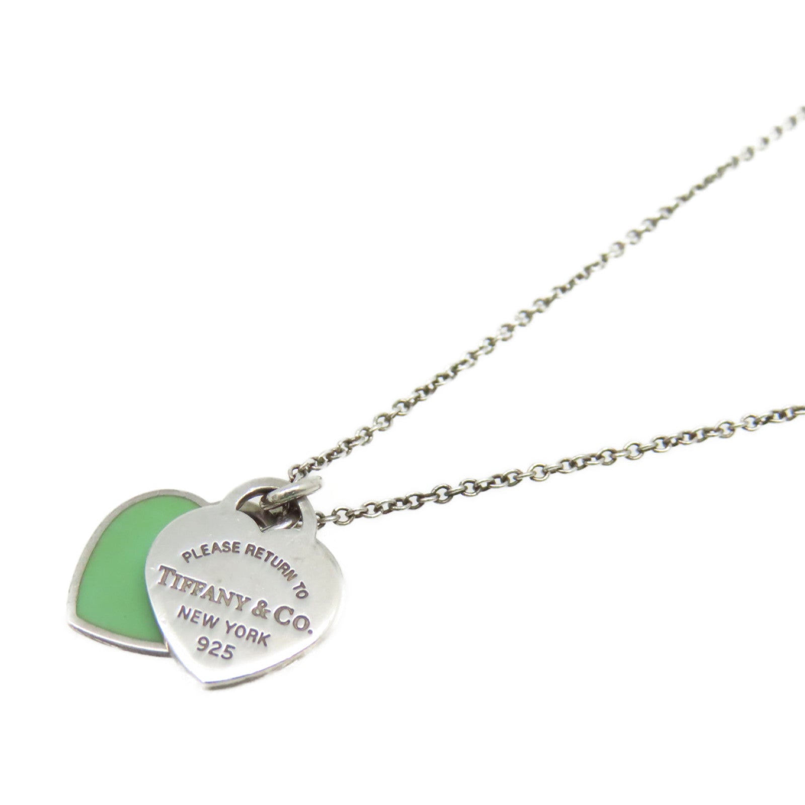 TIFFANY＆CO 925純銀Mini Double Heart Tag Silver Pendant Necklace項鍊湖綠色