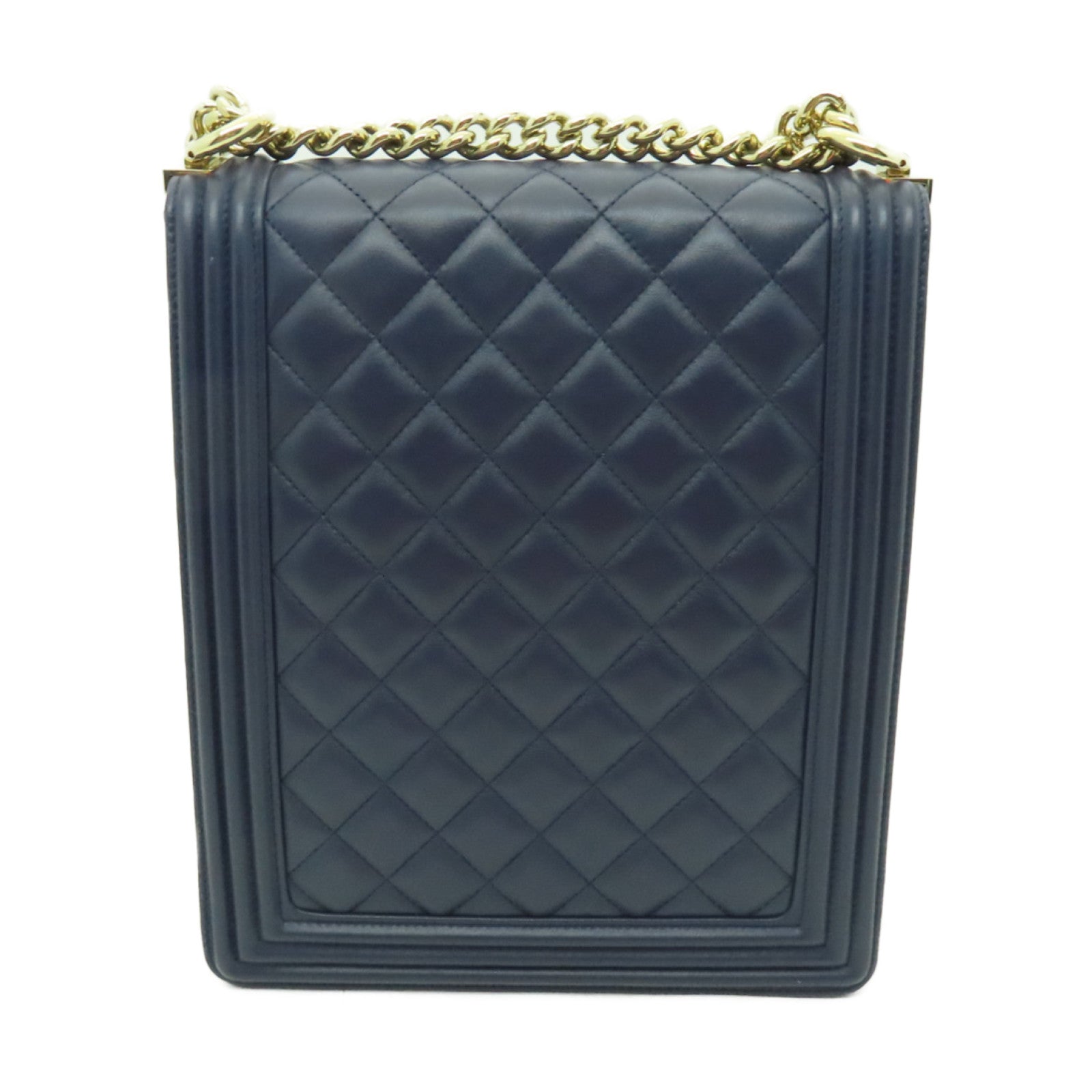 CHANEL 菱格羊皮皮革Chain Shoulder Bag金扣鏈帶肩背袋深藍色