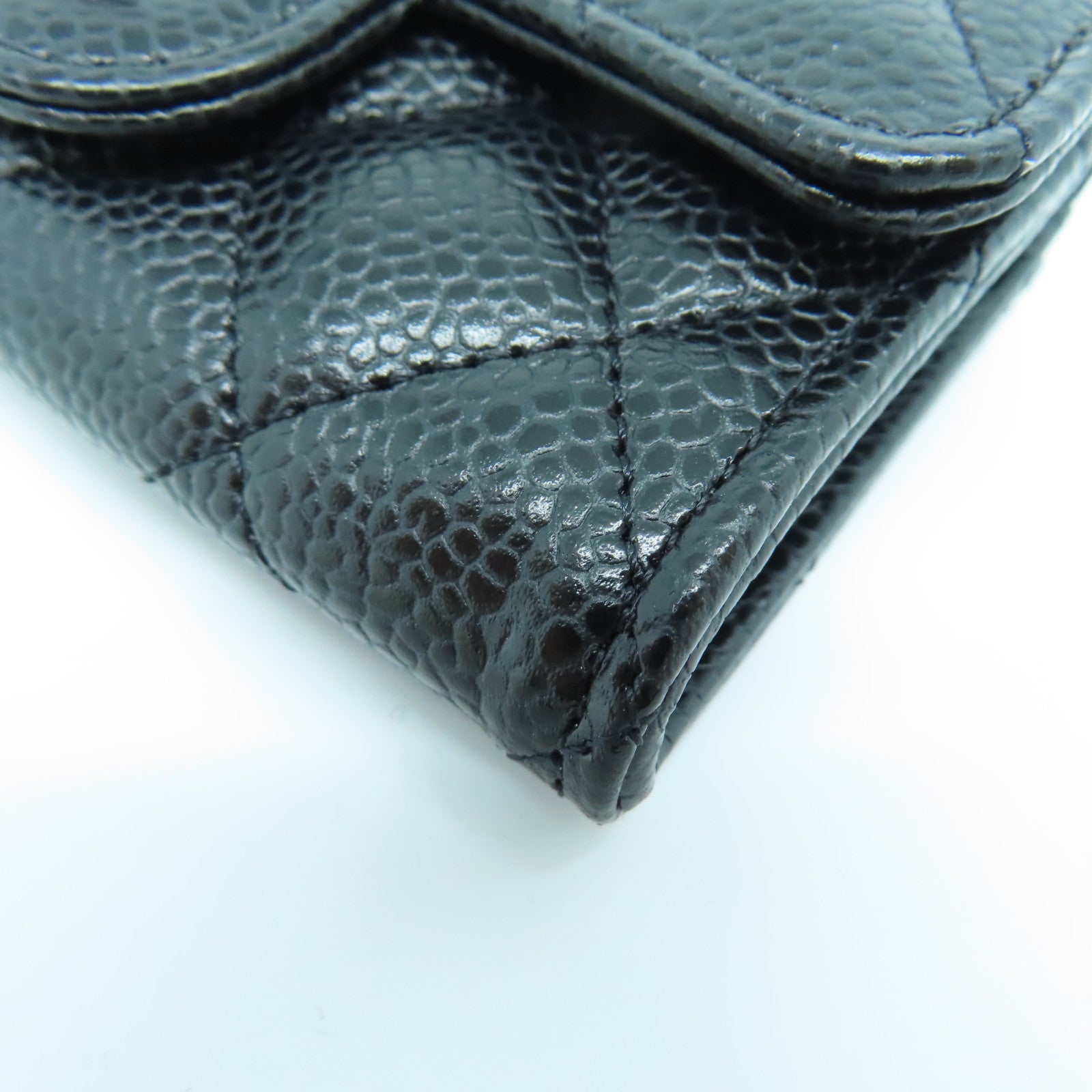 CHANEL rhombic cowhide leather Card Case silver buckle card holder black