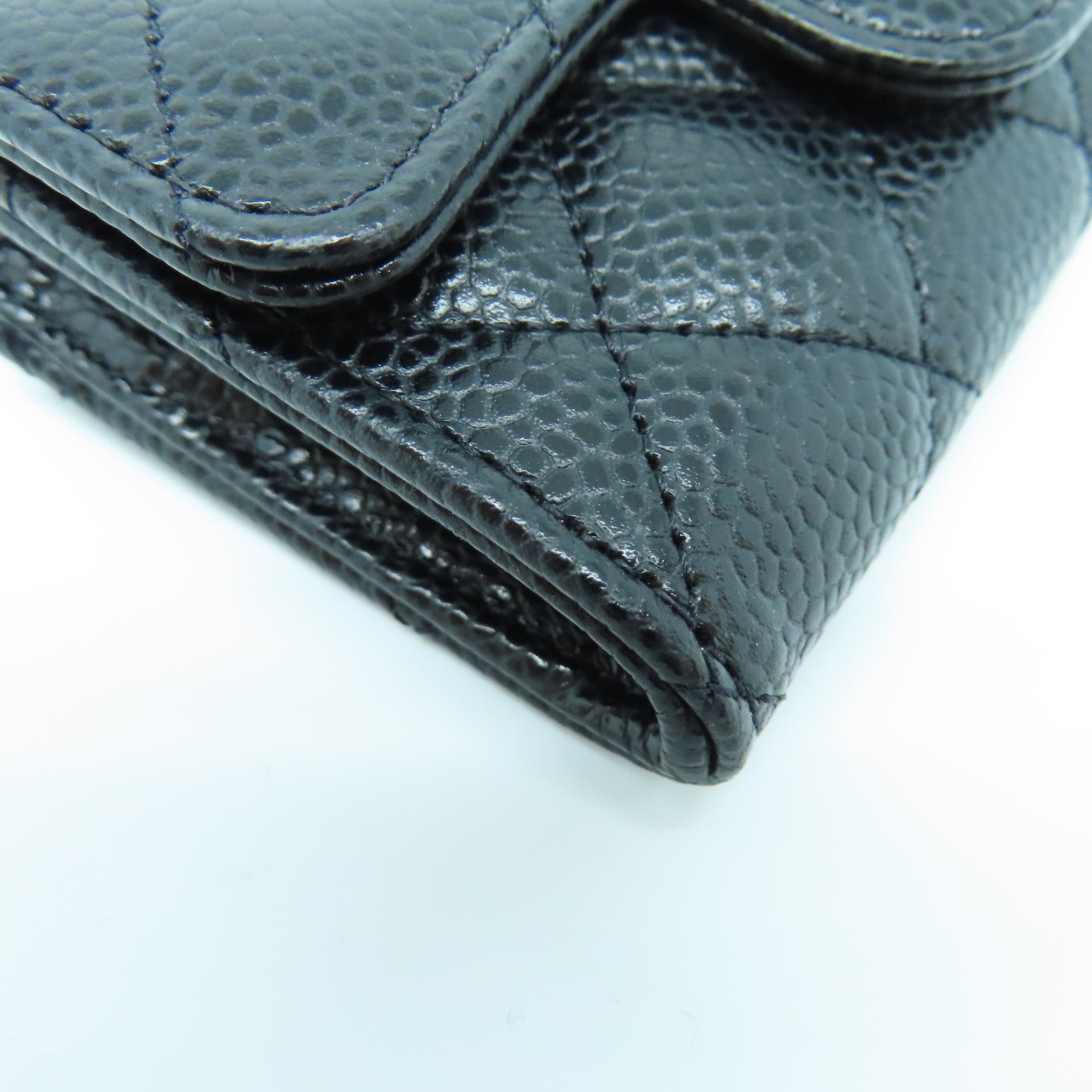 CHANEL rhombic cowhide leather Card Case silver buckle card holder black