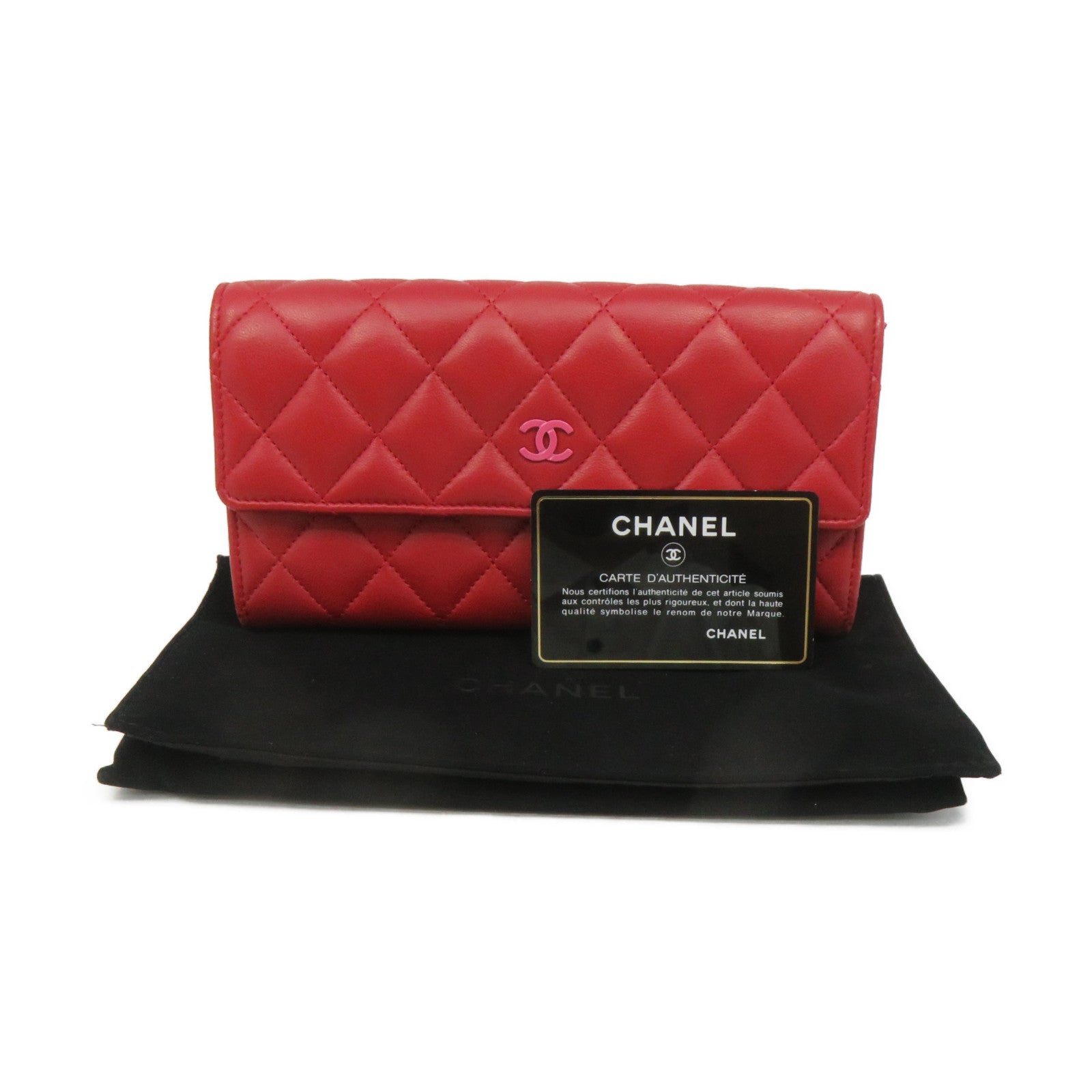 CHANEL rhombus sheepskin leather Long Wallet silver buckle long wallet red