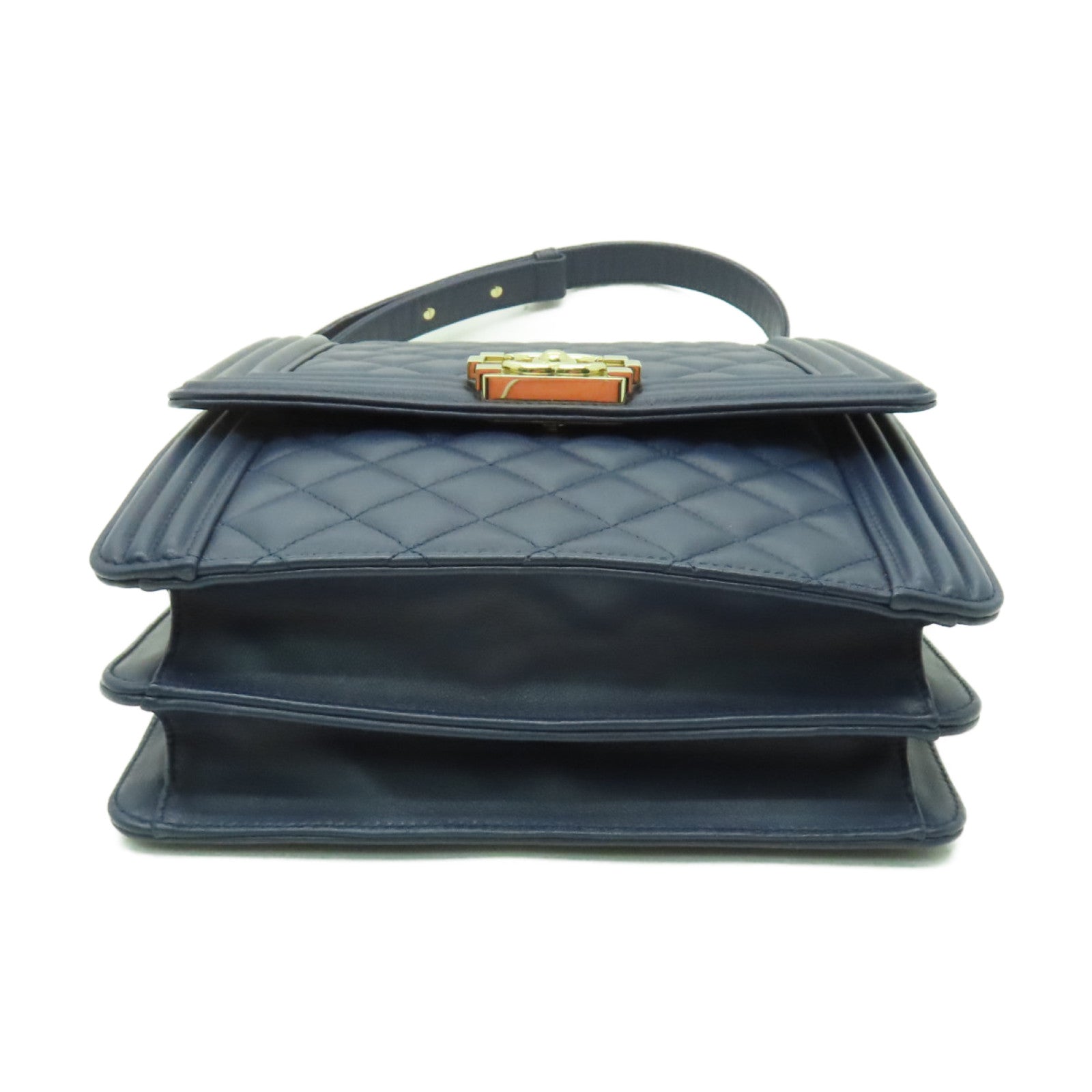 CHANEL 菱格羊皮皮革Chain Shoulder Bag金扣鏈帶肩背袋深藍色