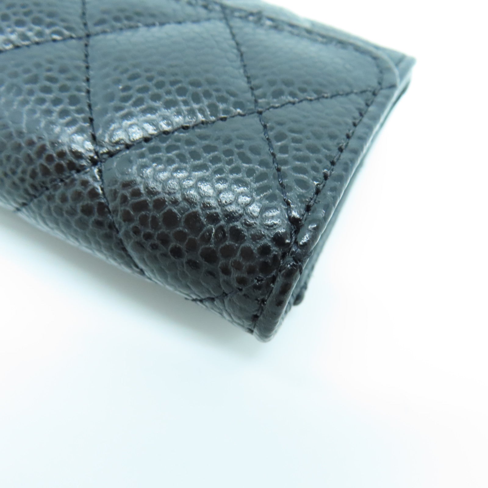 CHANEL rhombic cowhide leather Card Case silver buckle card holder black