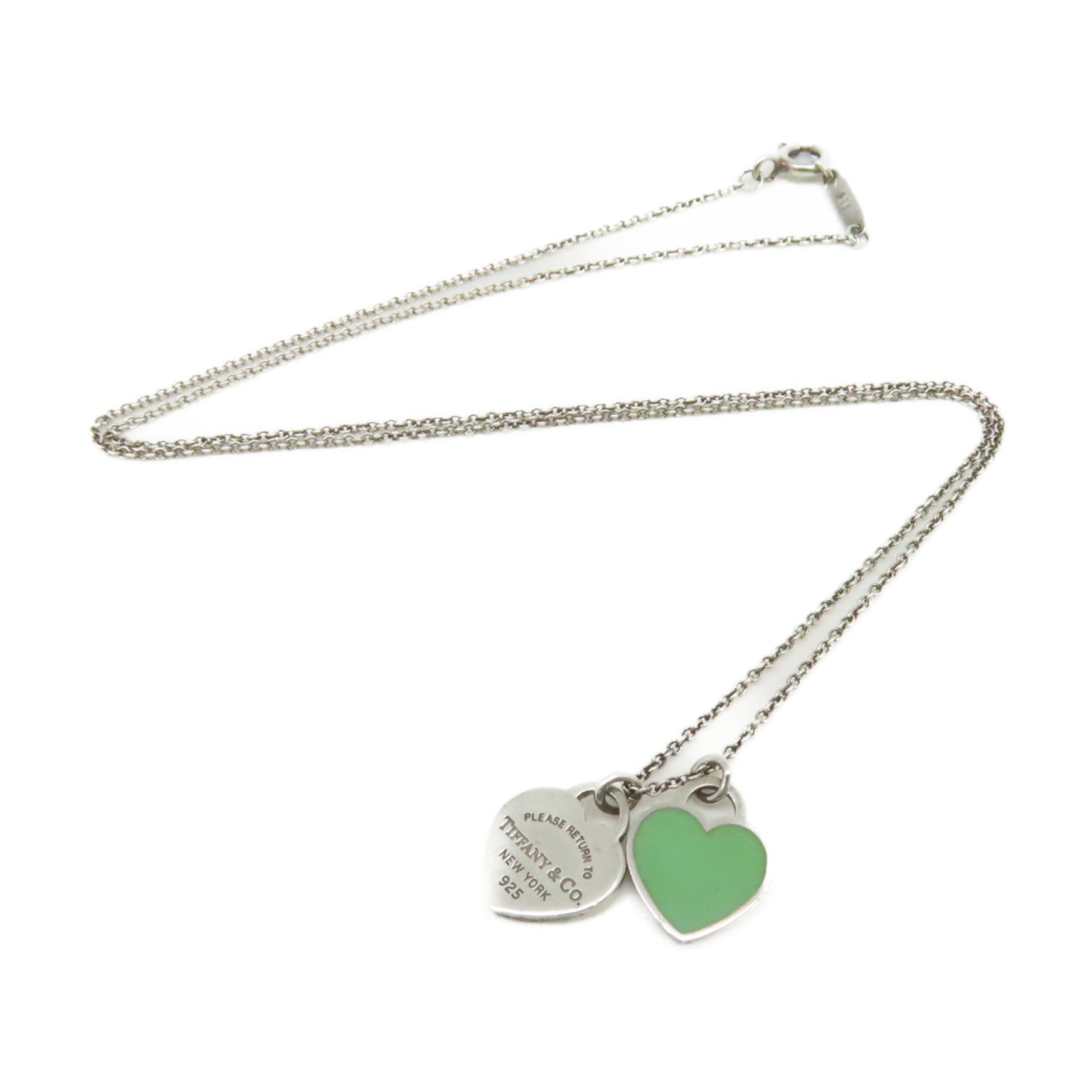 TIFFANY＆CO 925純銀Mini Double Heart Tag Silver Pendant Necklace項鍊湖綠色