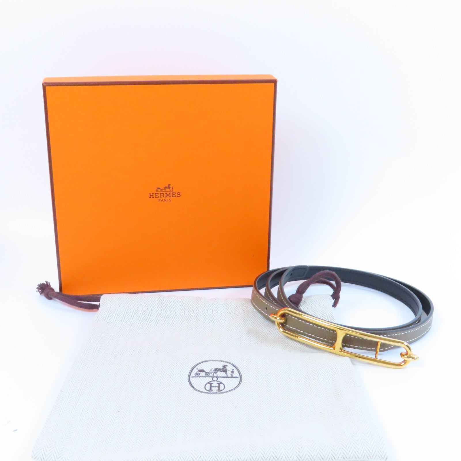 HERMES Epsom皮革Roulis Belt金扣皮帶Etoupe大象灰色