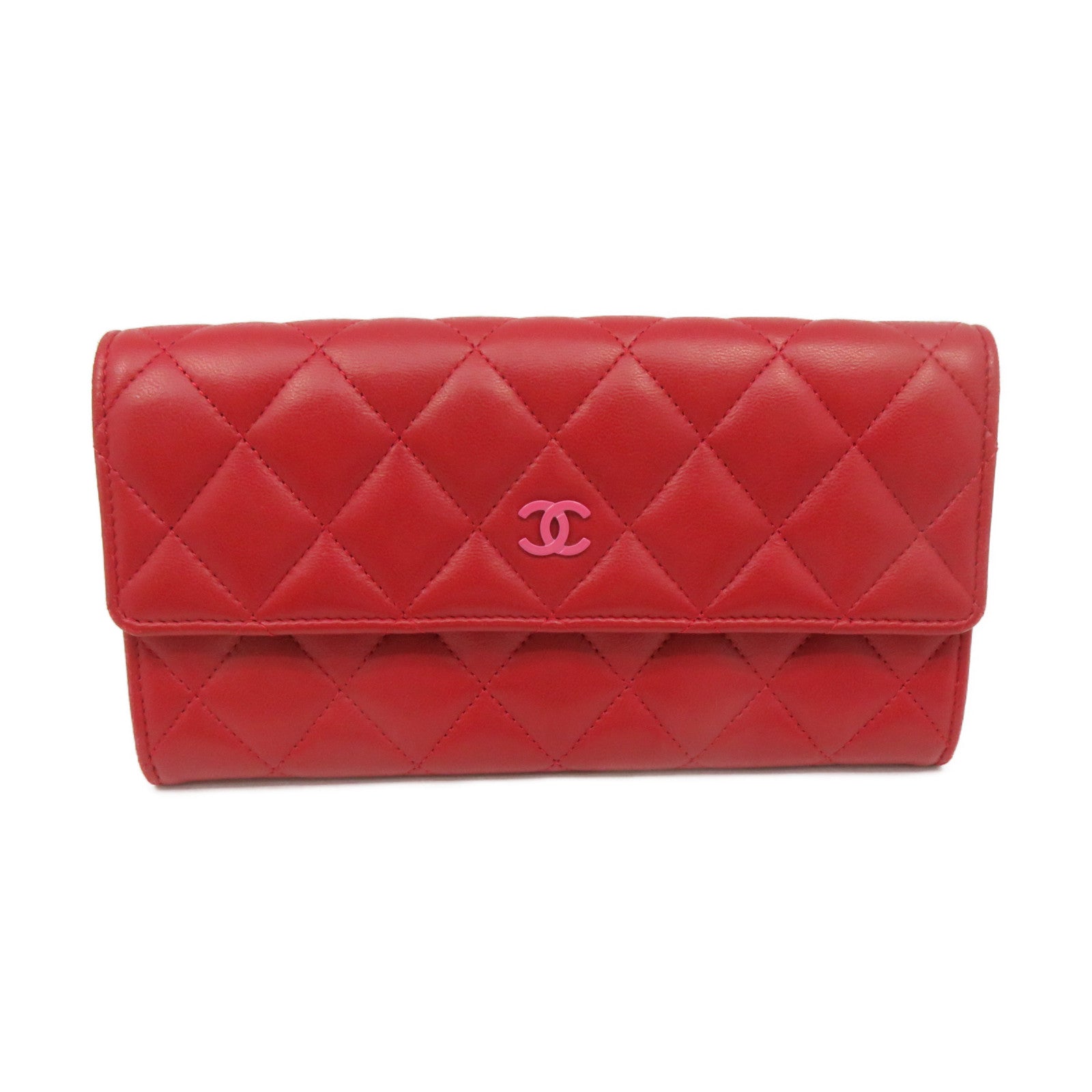 CHANEL rhombus sheepskin leather Long Wallet silver buckle long wallet red