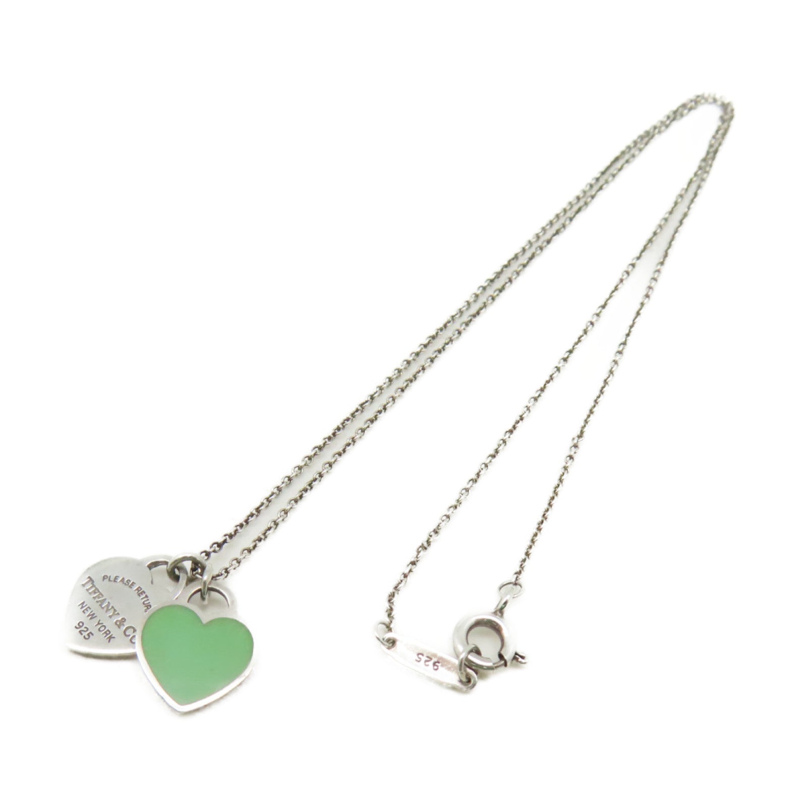 TIFFANY＆CO 925純銀Mini Double Heart Tag Silver Pendant Necklace項鍊湖綠色