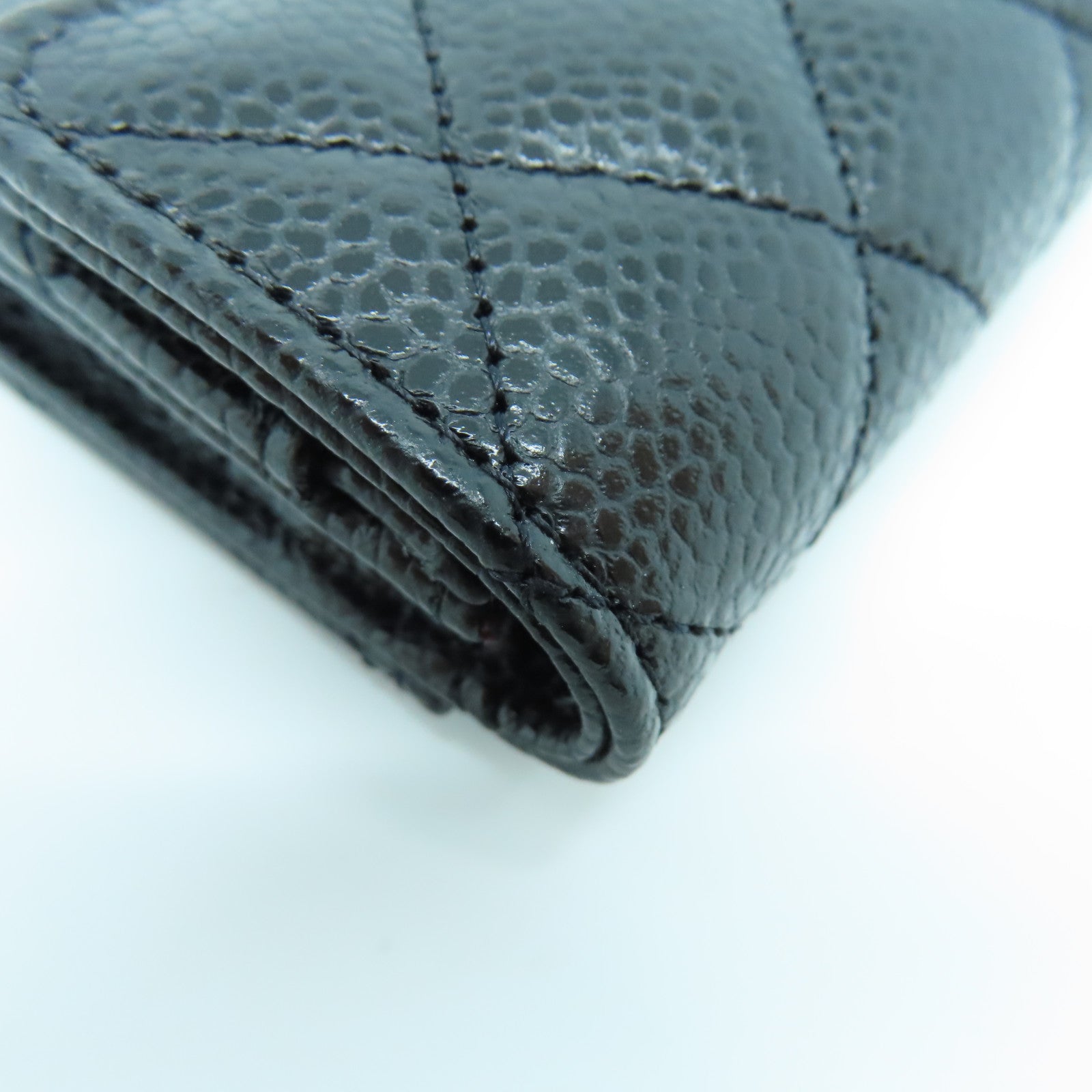 CHANEL rhombic cowhide leather Card Case silver buckle card holder black