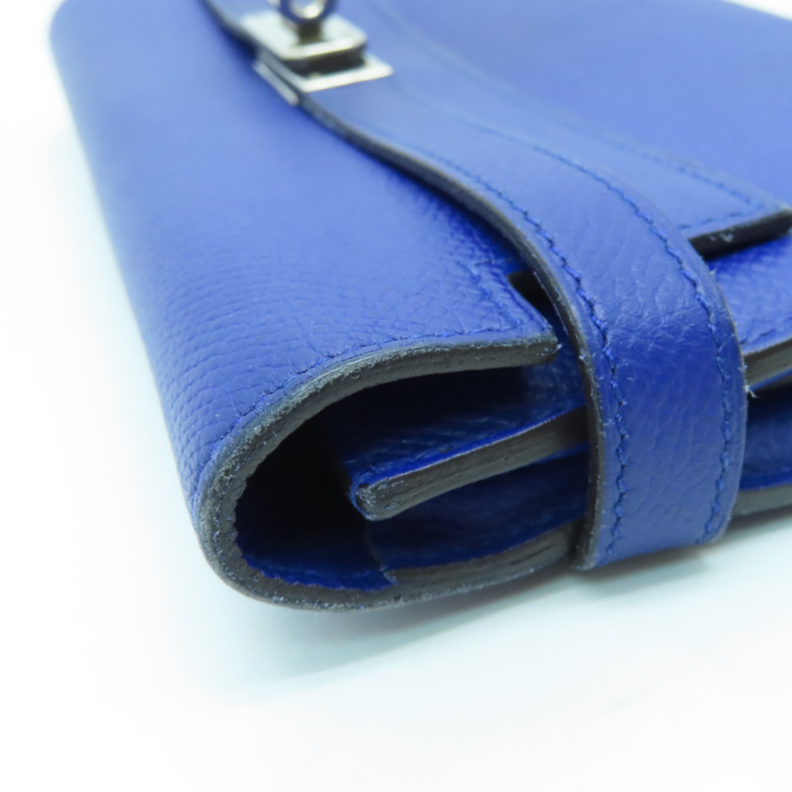 HERMES Epsom Leather Kelly Wallet Silver Buckle Long Wallet Electric Blue