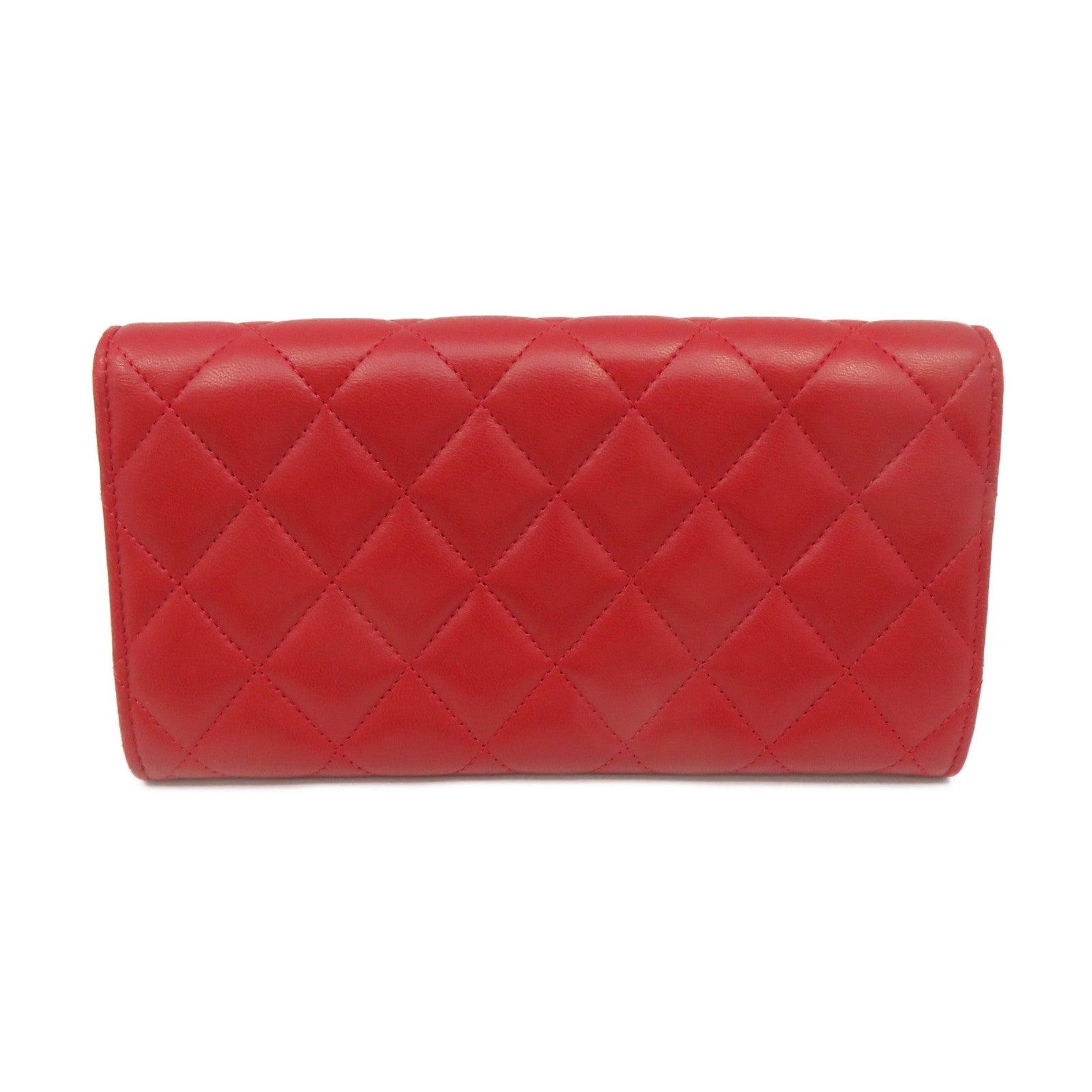 CHANEL rhombus sheepskin leather Long Wallet silver buckle long wallet red