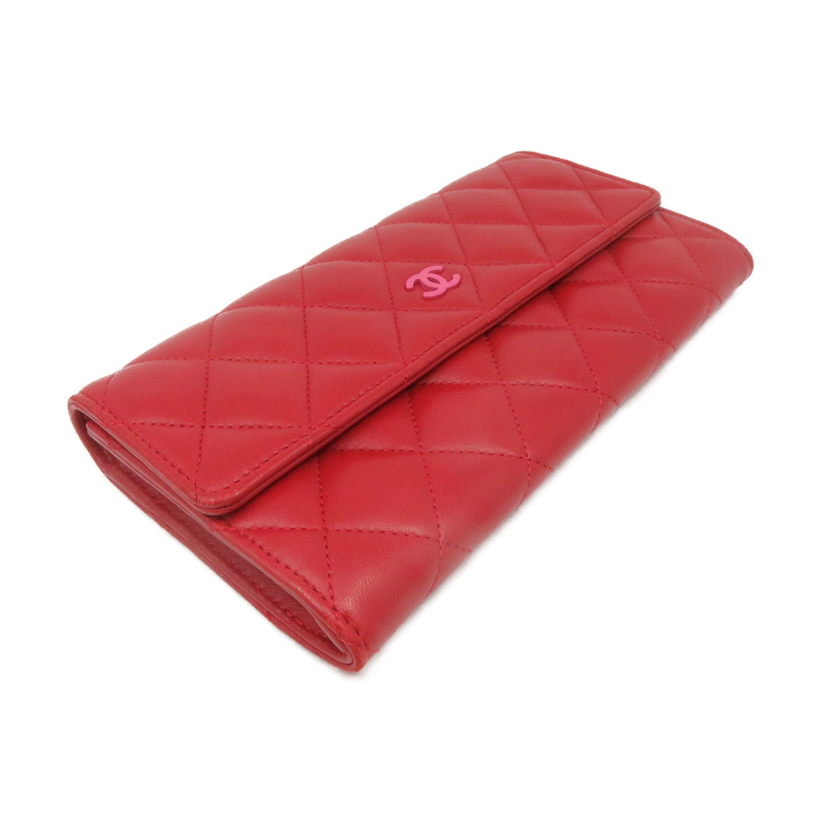 CHANEL rhombus sheepskin leather Long Wallet silver buckle long wallet red