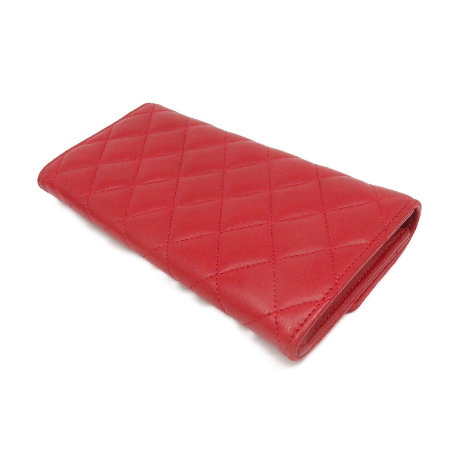 CHANEL rhombus sheepskin leather Long Wallet silver buckle long wallet red