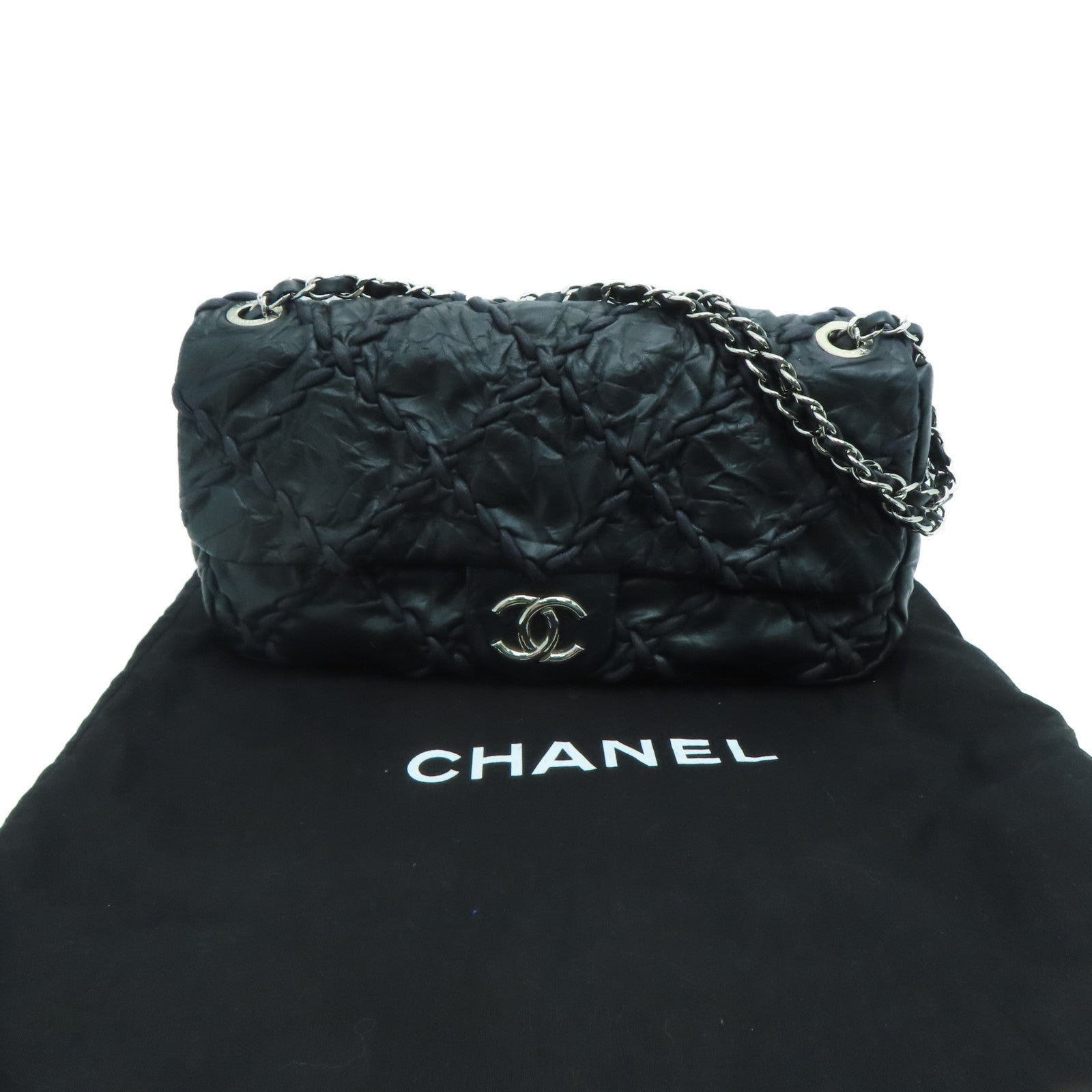 CHANEL 菱格牛皮皮革Chain Shoulder Bag銀扣肩背袋黑色