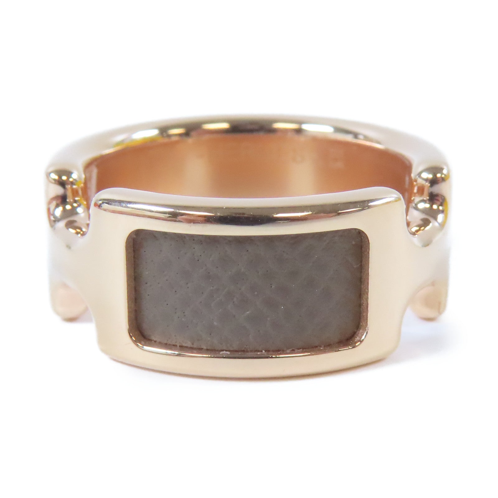 HERMES 金屬/皮革Olympe Ring M戒指金色/大象灰色US#6.5