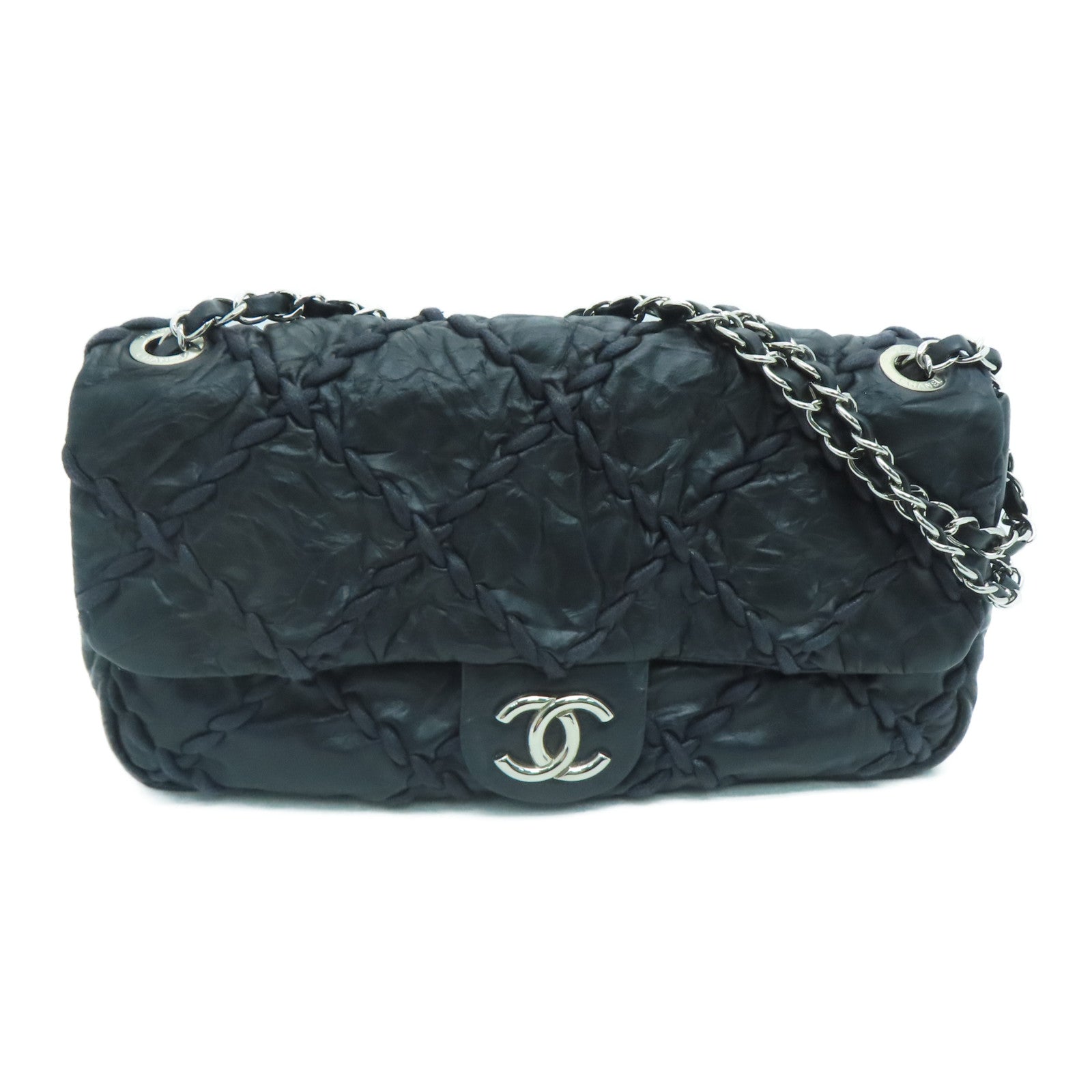 CHANEL 菱格牛皮皮革Chain Shoulder Bag銀扣肩背袋黑色