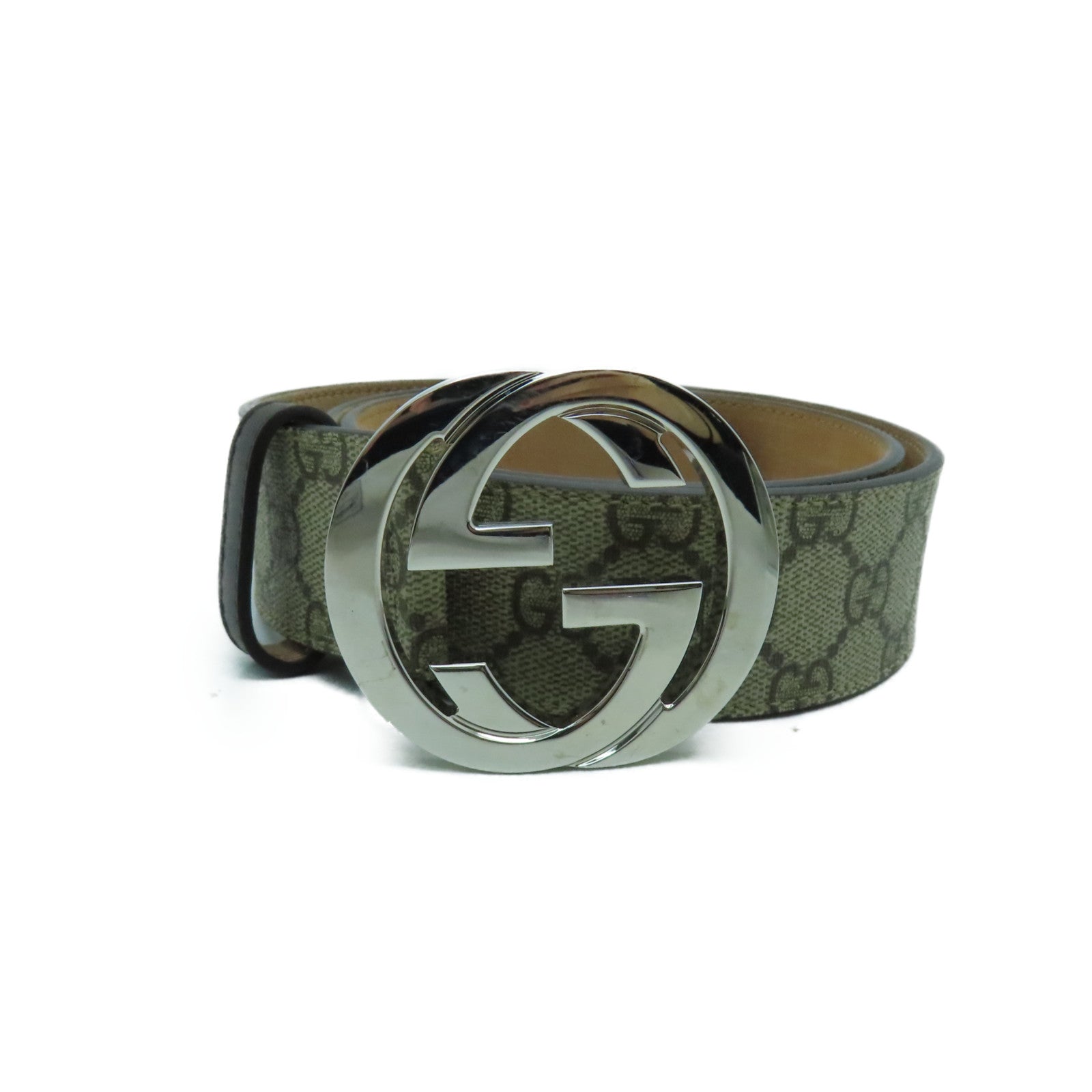 GUCCI 帆布GG Supreme Belt 90cm銀扣皮帶棕色