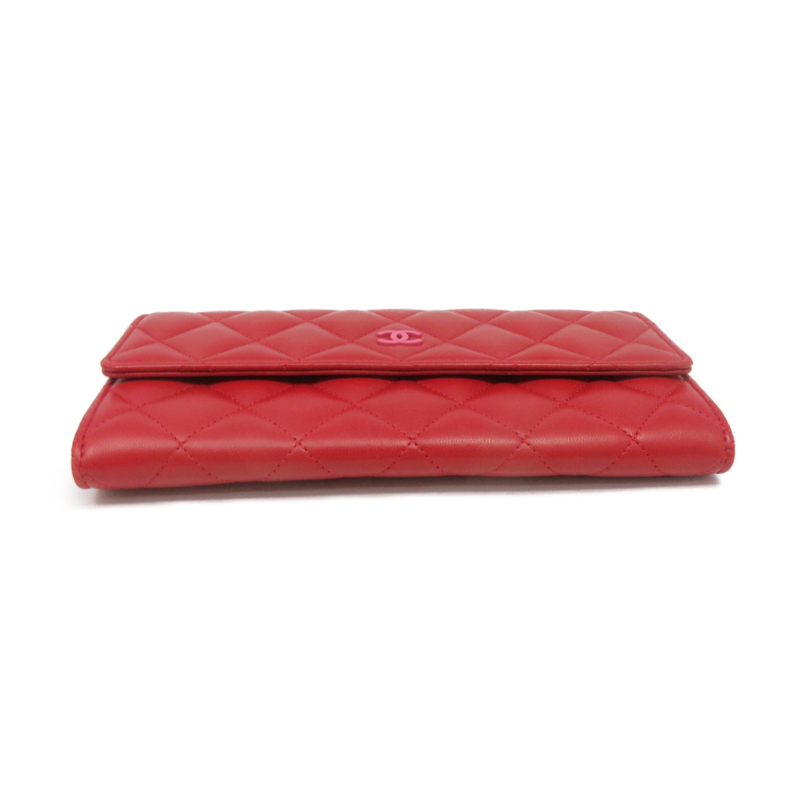 CHANEL rhombus sheepskin leather Long Wallet silver buckle long wallet red
