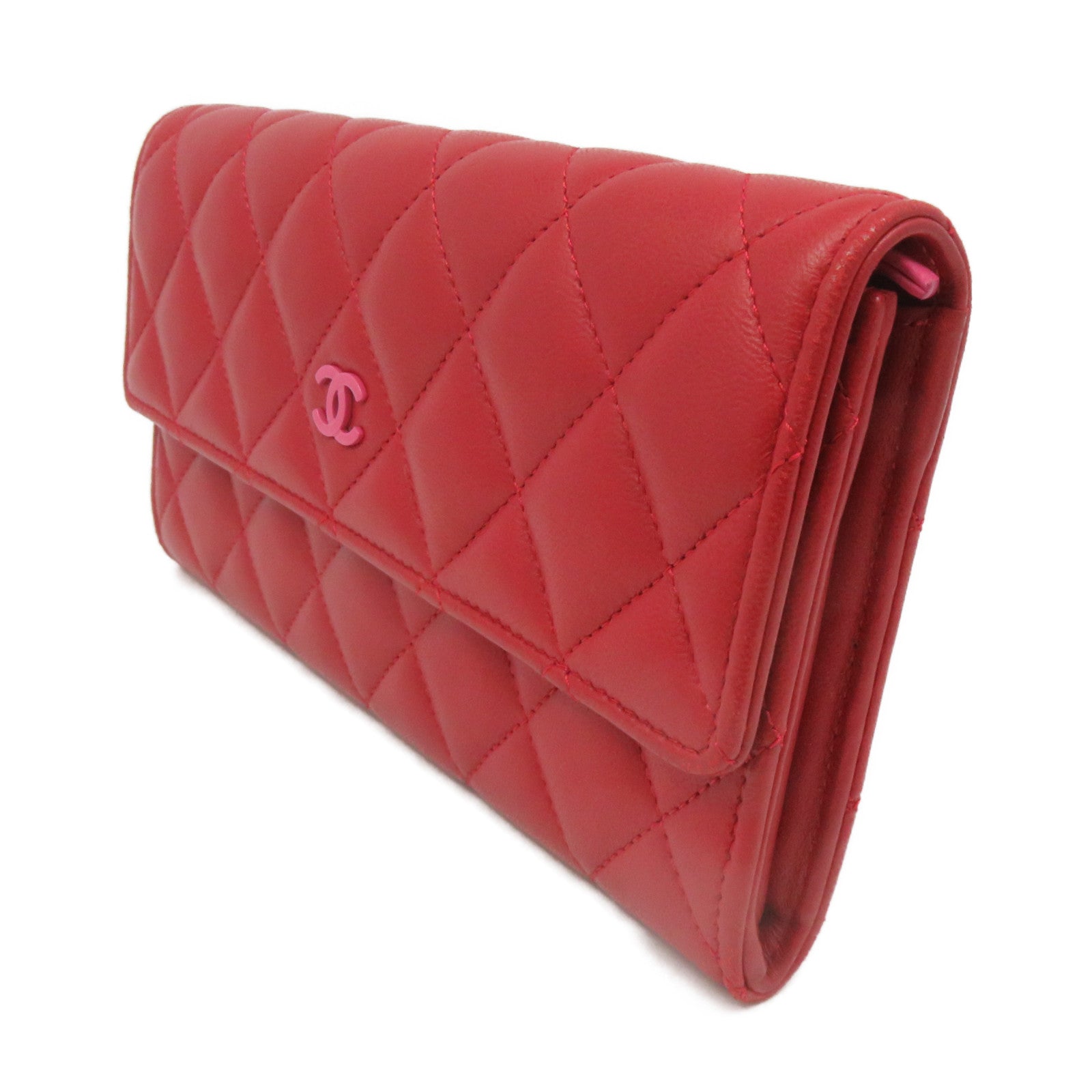 CHANEL rhombus sheepskin leather Long Wallet silver buckle long wallet red