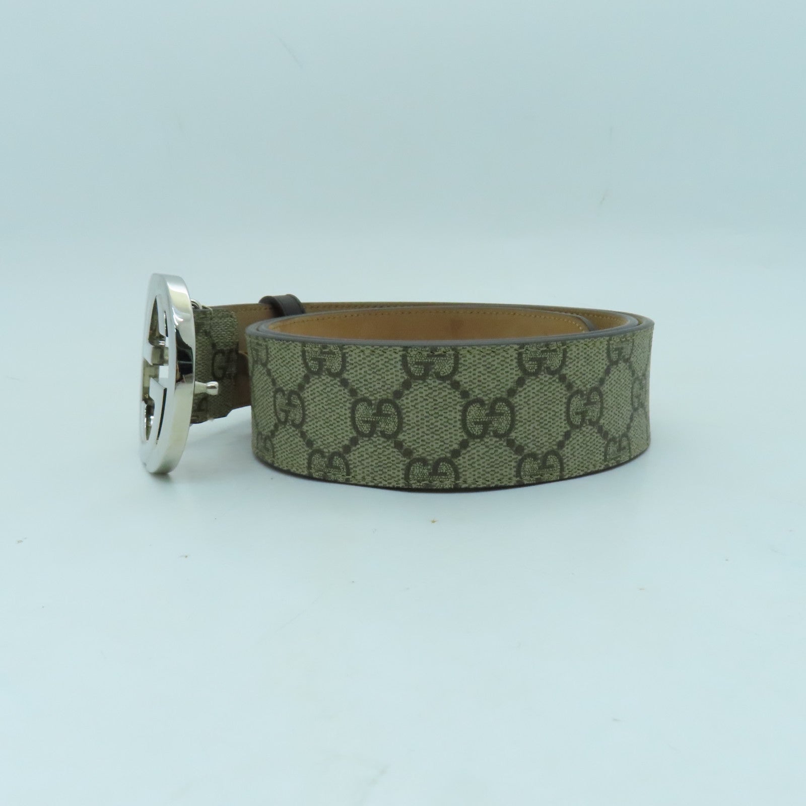 GUCCI 帆布GG Supreme Belt 90cm銀扣皮帶棕色