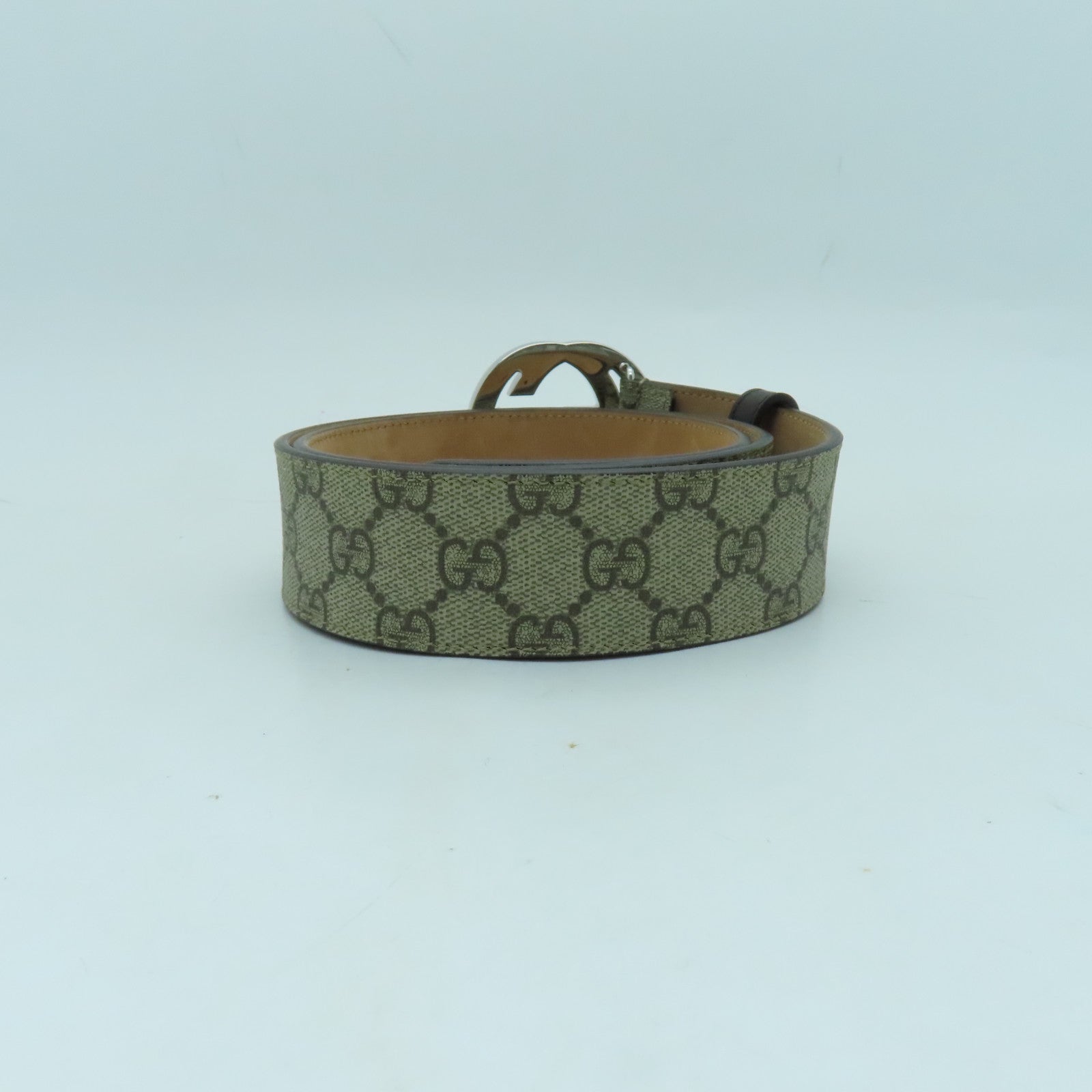 GUCCI 帆布GG Supreme Belt 90cm銀扣皮帶棕色